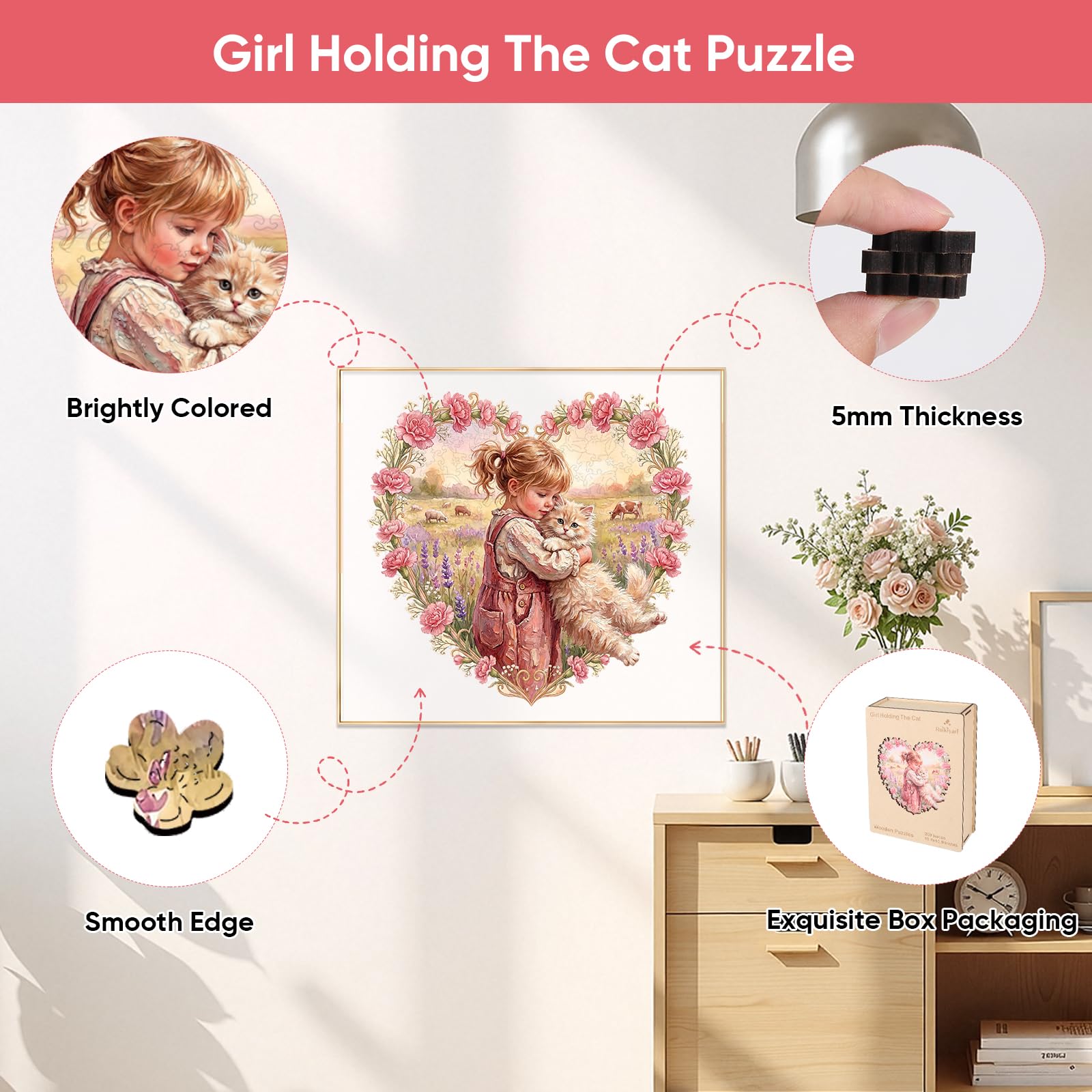 Ruikiyart Casse-tête en bois de 200 pièces en forme de cœur pour adultes, puzzle stimulant fille et chat avec pièces irrégulières uniques, parfait pour une soirée de jeu en famille, un anniversaire