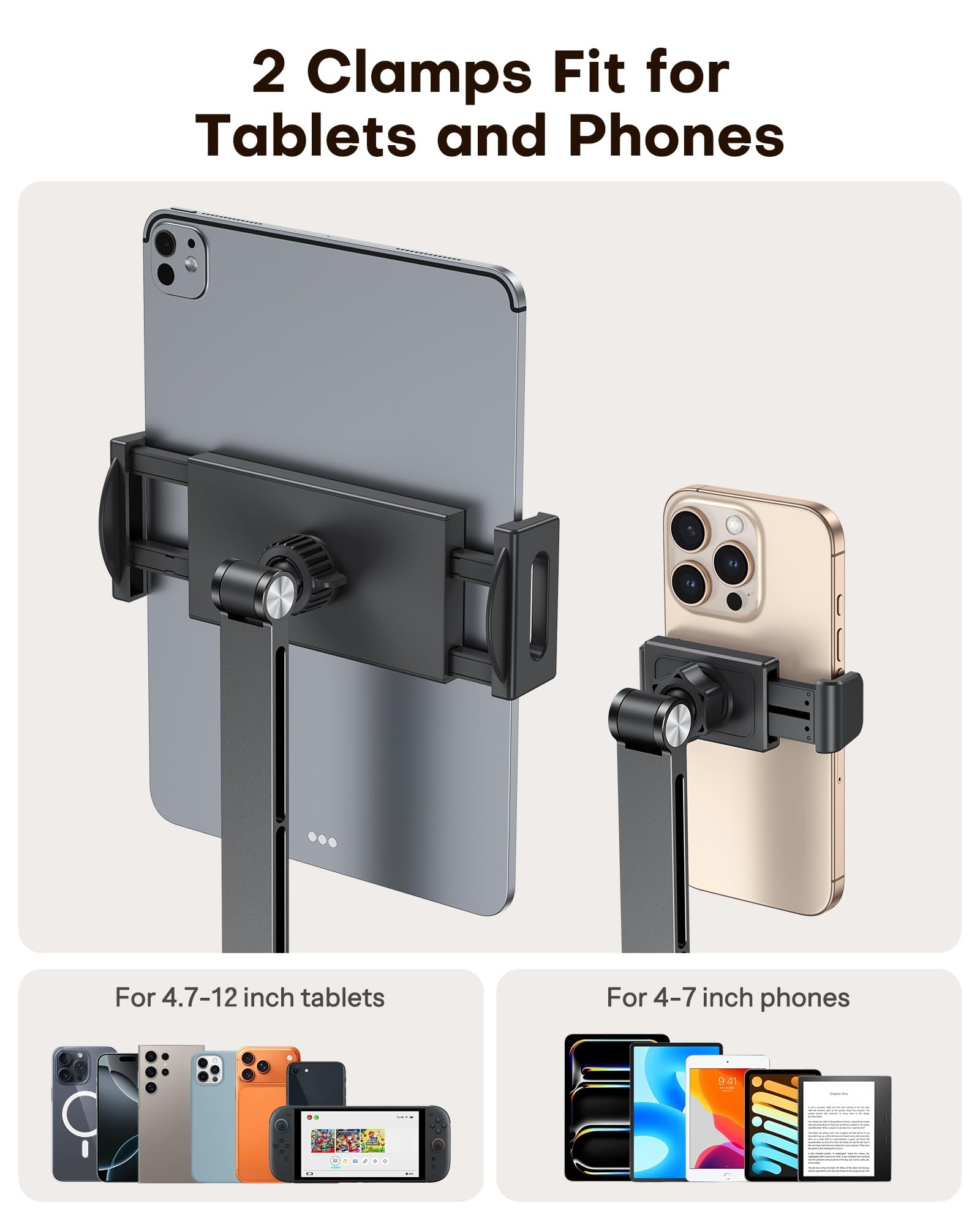 OMOTON Supporto per tablet in alluminio per scrivania, girevole a 360° per iPad, supporto regolabile per telefono da letto con braccio stabile, adatto per tutti gli iPhone/tablet fino a 12", Nero