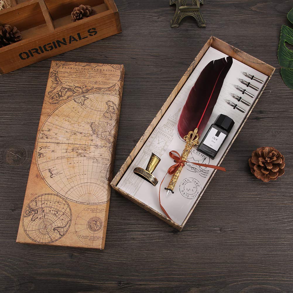 Ručně vyráběná sada brku a inkoustu - starožitné kaligrafické pero s péřovým vzorem a 5 hroty, vínově červené, 30 cm