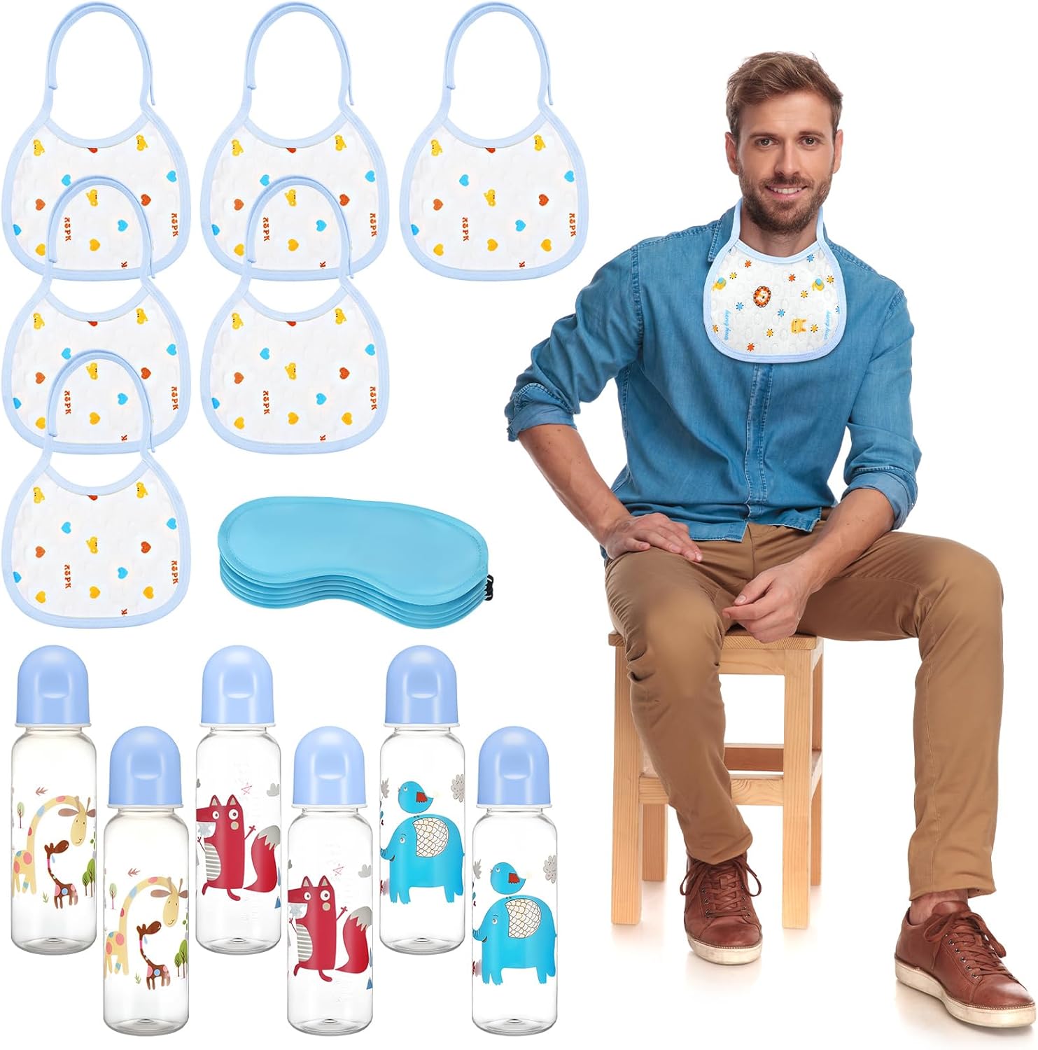 Threlaco 18 Pcs Bottle Baby Shower Games 6 Plastic Baby Bottles Bulk 6 Disposable Eye Mask Shade Cover 6 Babies Bibs Gender Reveal Game Party Games Favors Supplies (Boat,Blue)
