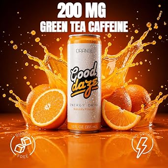 Good Daze Energy Drink with 200mg of Caffeine from Tea, Sugar Free, B Vitamins, L-Theanine, Pre Workout Performance with Antioxidants, Orange, 12FL OZ Cans (Pack of 12)