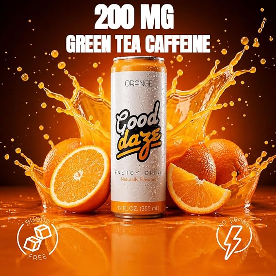 Good Daze Energy Drink with 200mg of Caffeine from Tea, Sugar Free, B Vitamins, L-Theanine, Pre Workout Performance with Antioxidants, Orange, 12FL OZ Cans (Pack of 12)