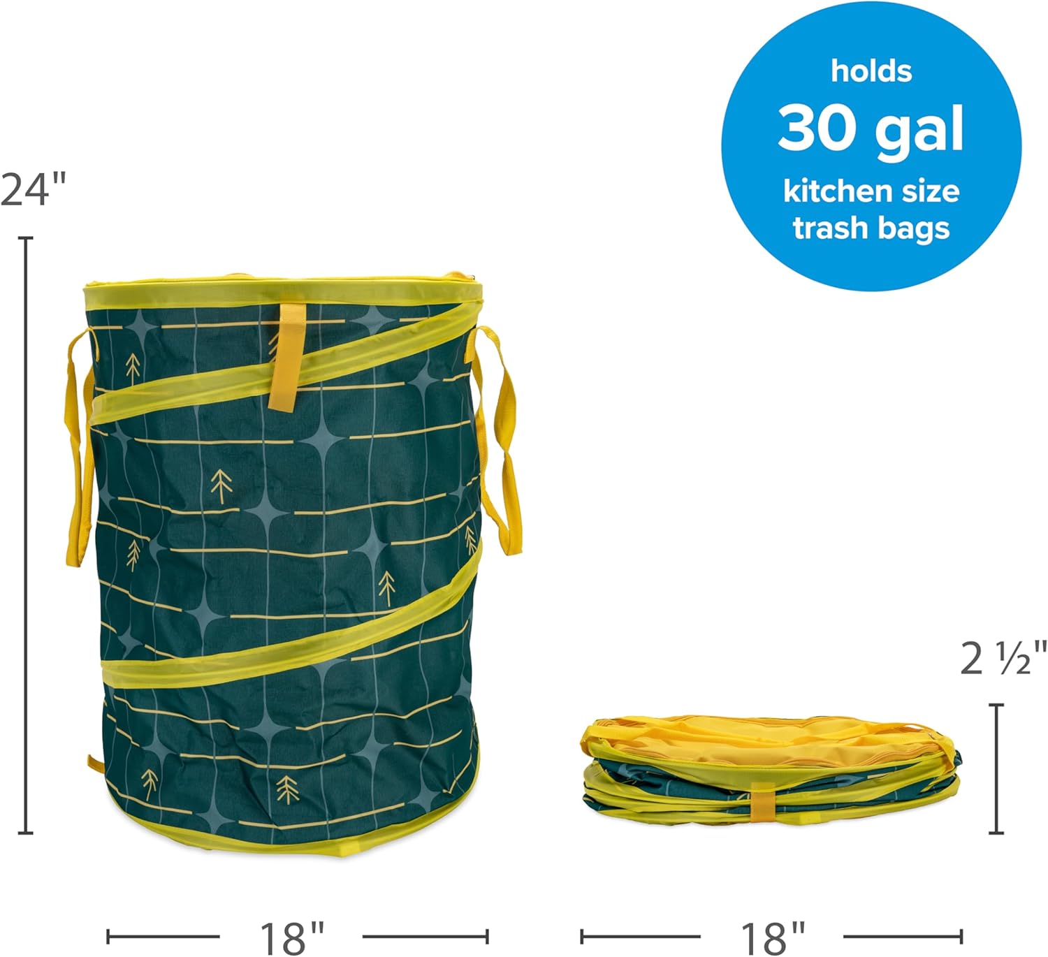 Camco Pop-Up Utility Container - Use as Collapsible Trash Can When Camping - Holds 30-Gallon Kitchen-Size Trash Bags - 2-Ft Tall & Collapses for RV Storage and Organization (53490)