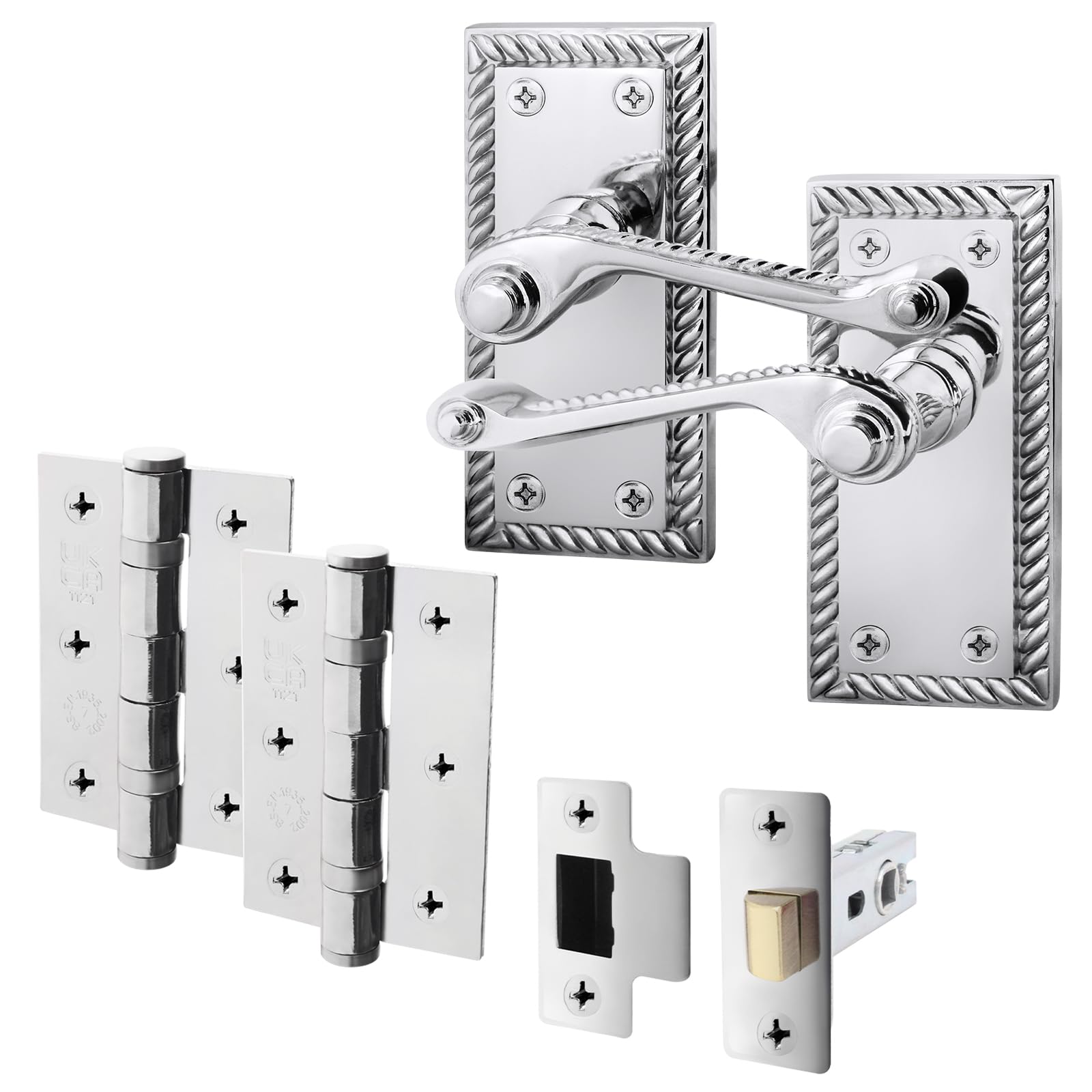 Eai Polished Chrome Georgian Scroll Door Handle Latch Set - 1 Pair Internal Handles, Hinges (76Mm) & Latch (64Mm) - Rope Design