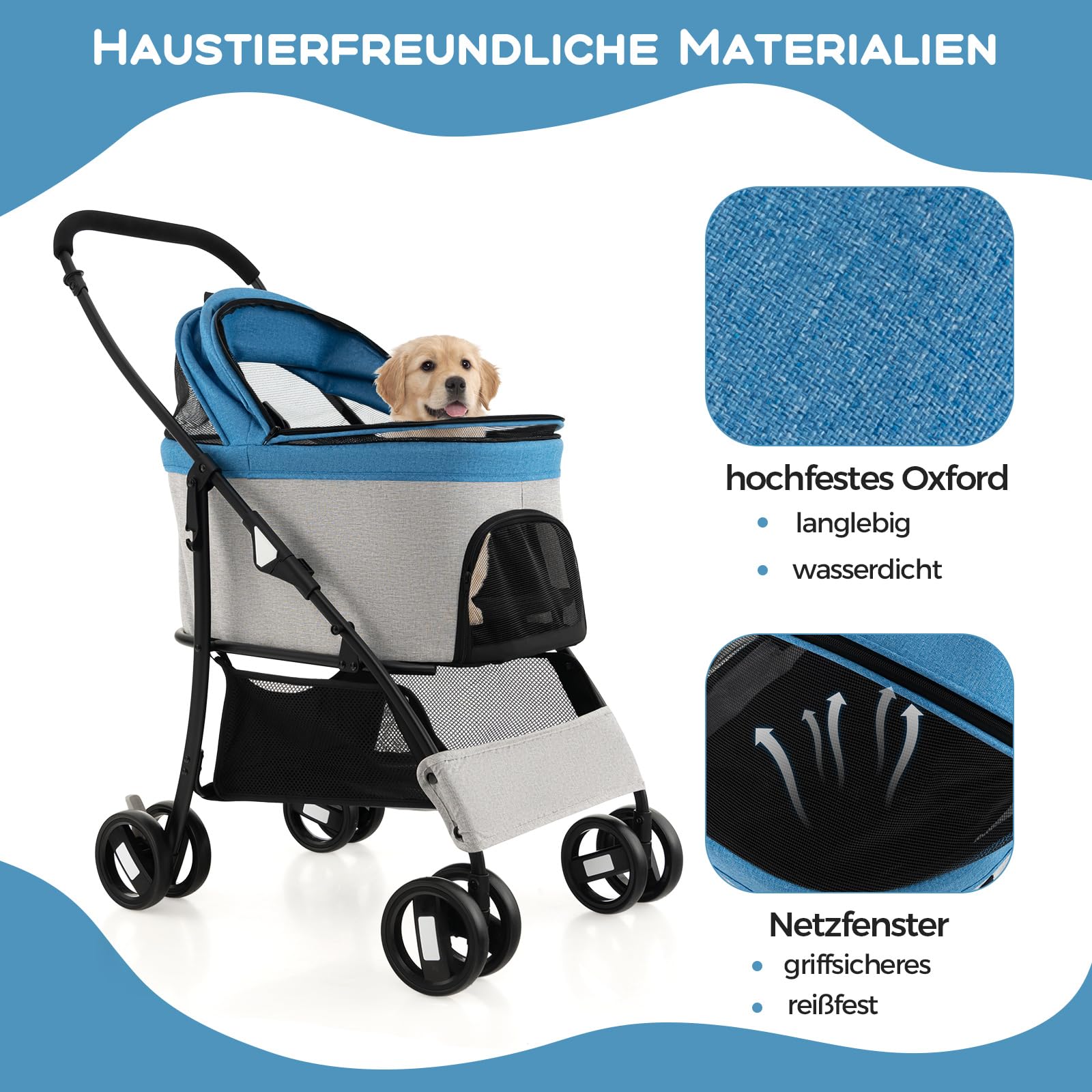 COSTWAY 3 in 1 Hundewagen, Hundebuggy klappbar, bis 15 kg, Haustierwagen mit Netzfenstern | verstellbarem Vordach | abnehmbarem Träger & Korb, Haustiere Buggy für kleine Hunde Katzen (Blau)