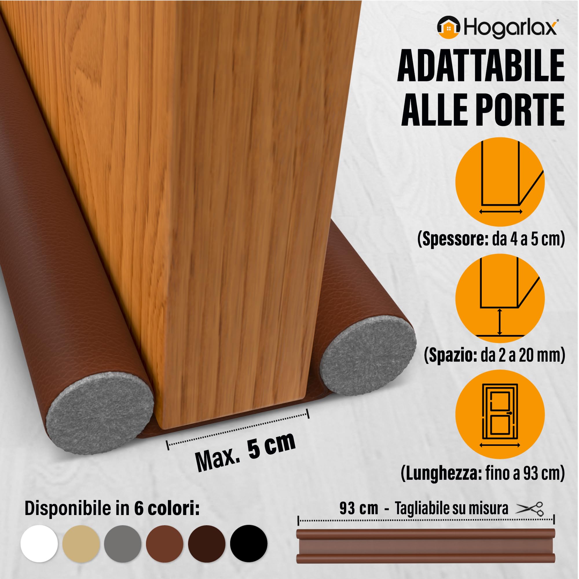 Paraspifferi Sottoporta - Compatibile SOLO con Porte Fino a 5 cm di Spessore (Interne e d’Ingresso) – Isolante Termico, Guarnizione Porta, Antispifferi e Para Spifferi – Marrone, 93 cm