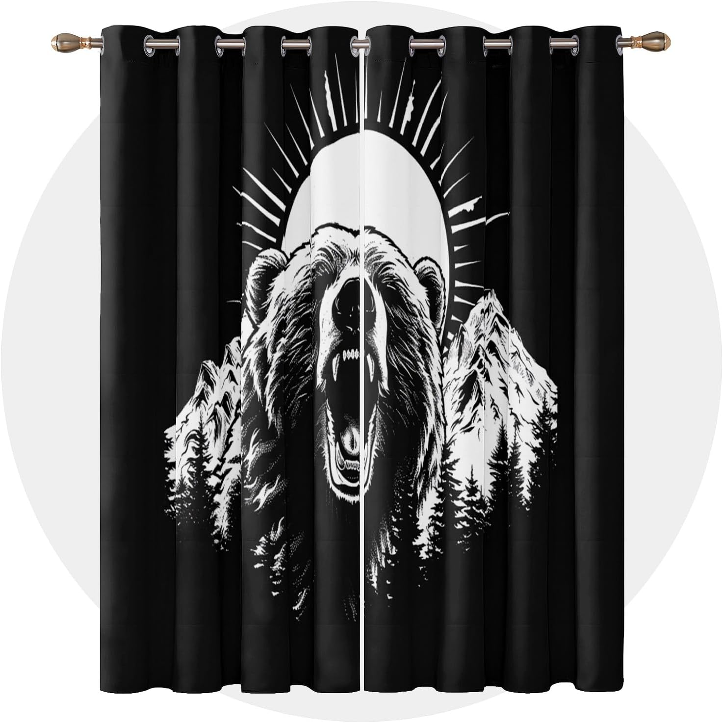 Bear Curtains 63 Inch Length - Black and White Wild Animal Grizzly Patterned Blackout Curtains for Living Room Bedroom, Room Darkening Grommet Drapes Window Treatments, 2 Panel Set