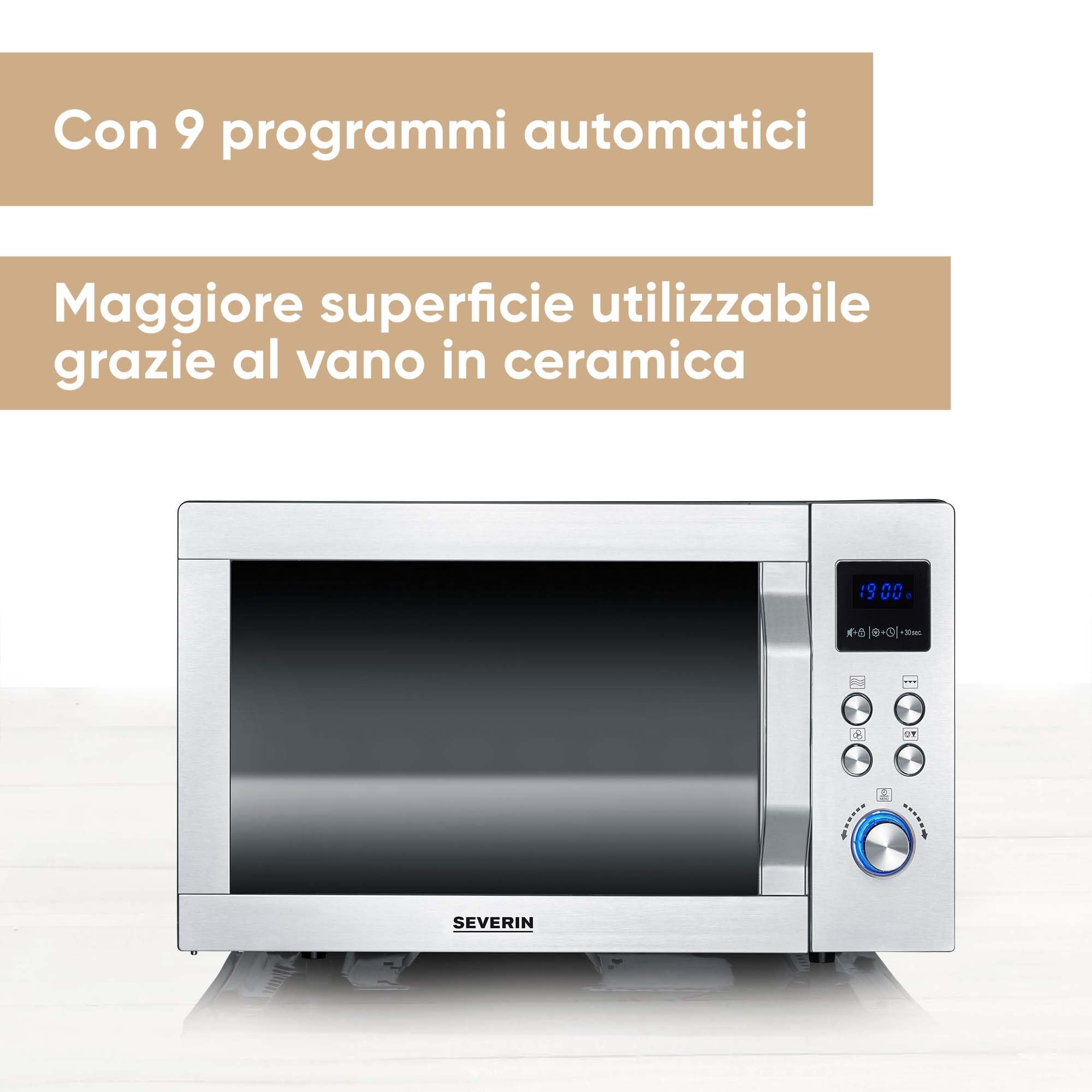 SEVERIN Forno a Microonde 3in1 con Base in Vetro, Flatbed per Piatti Grandi, Funzione Grill e Aria Calda, Ampio Spazio Interno per Teglie Quadrate, Nero e Acciaio Inox - MW 7777