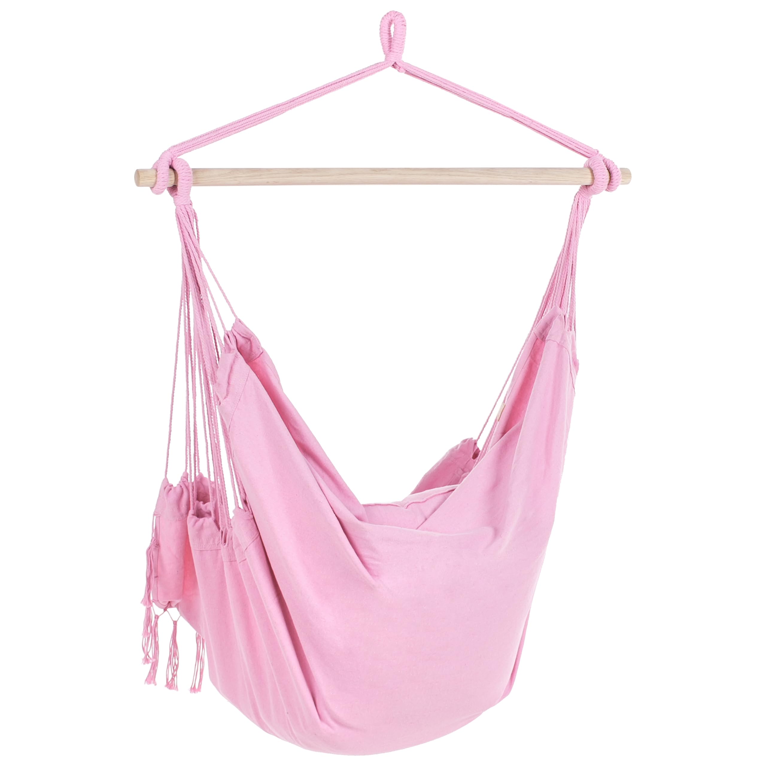 Brasilianischer Hängesessel Baumwolle/Buchenholz rosa mit Fransen Boho Bonea