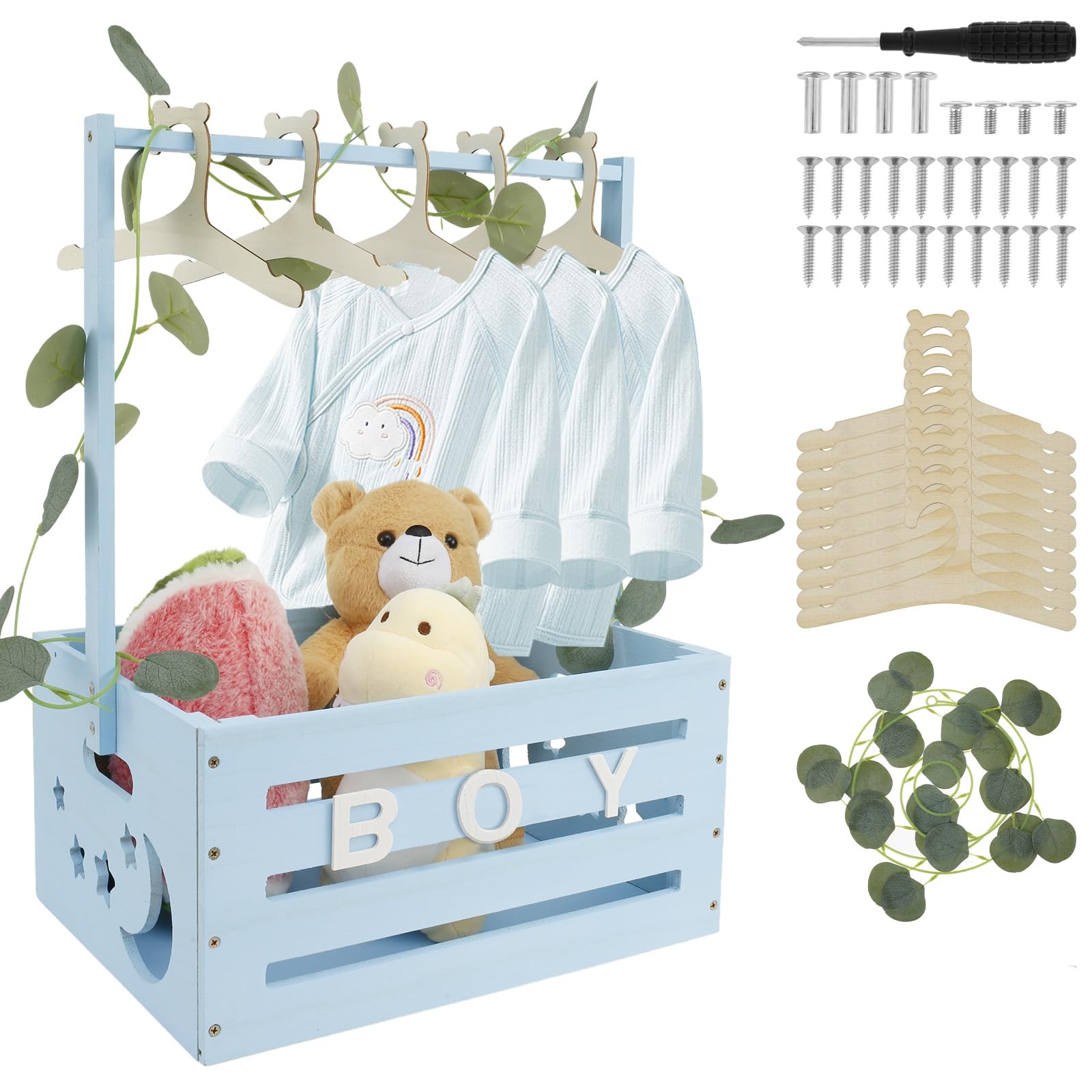 Baby Shower Crate Closet Wooden Baby Basket with 5 Hangers and Handle Wood Baby Storage Crate Hamper Decorative Baby Clothes Rack for Baby Shower Pregnancy New Parent Gifts (Blue)