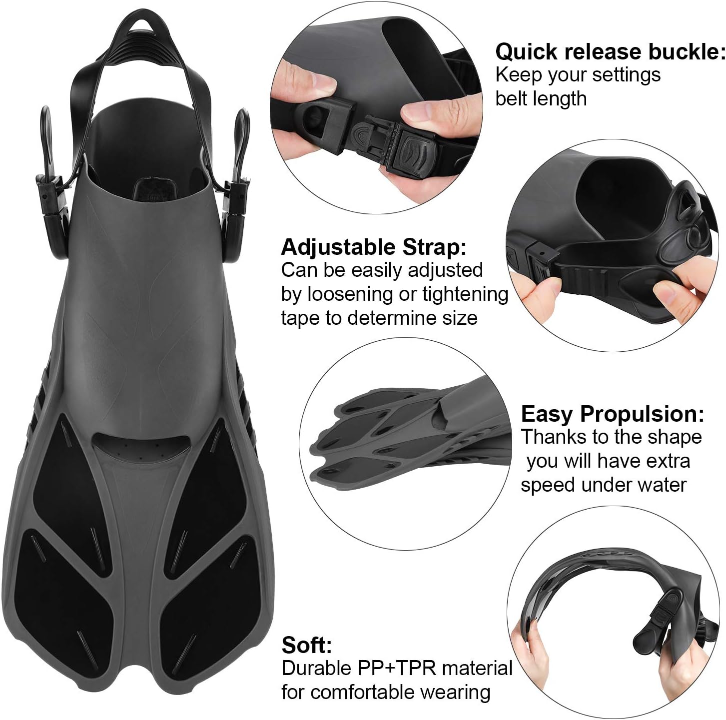 Oumers Snorkel Fins, Travel Size Adjustable Strap Diving Flippers with Mesh Bag and Extra Buckle Connector for Men Women Snorkeling Diving Swimming Black S/M(Adult US Size 4.5-8.5)