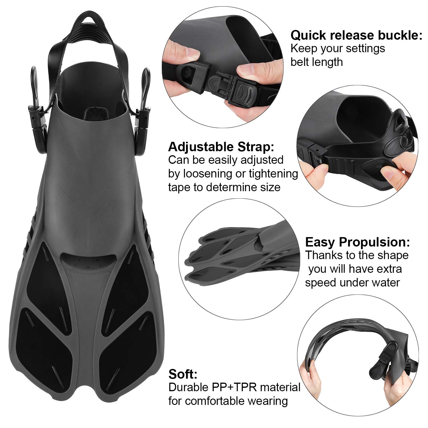 Oumers aletas de esnórquel, tamaño de viaje, correa ajustable, aletas de buceo con bolsa de malla y conector de hebilla extra para hombres y mujeres, buceo
