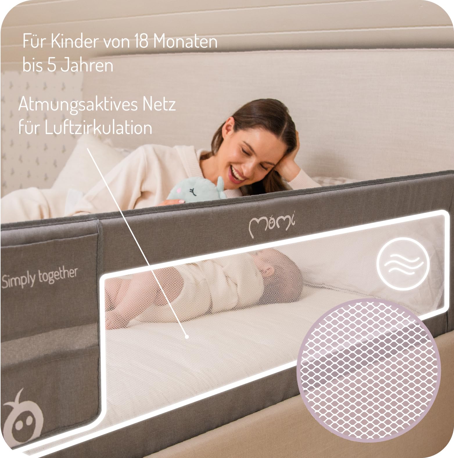 MoMi LEXI PLUS, Rausfallschutz für Kinderbett für Babys und Kinder ab 18. Monat bis zu 5 Jahren, Bettschutzgitter 150x43x36 cm für Matratze mit 22 cm Dicke, ausklappbar 180°, waschbarer Bezug