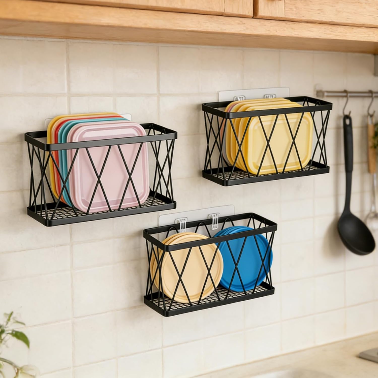 3 Pack Lid Organizer Inside Cabinet, Metal Hanging Container Lid Rack for Cabinet Door, Food Container Lids, Plates, Cutting Boards and Kitchen Storage
