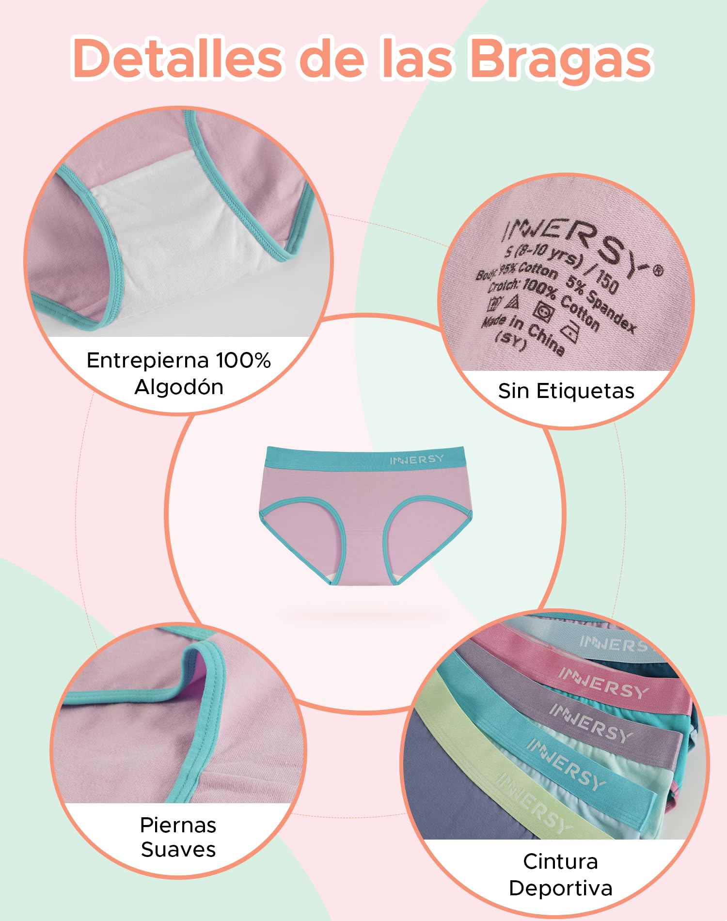 INNERSY Bragas Niña Adolescente Braguitas Algodón Cómodas Ropa Interior Deportiva Pack de 6