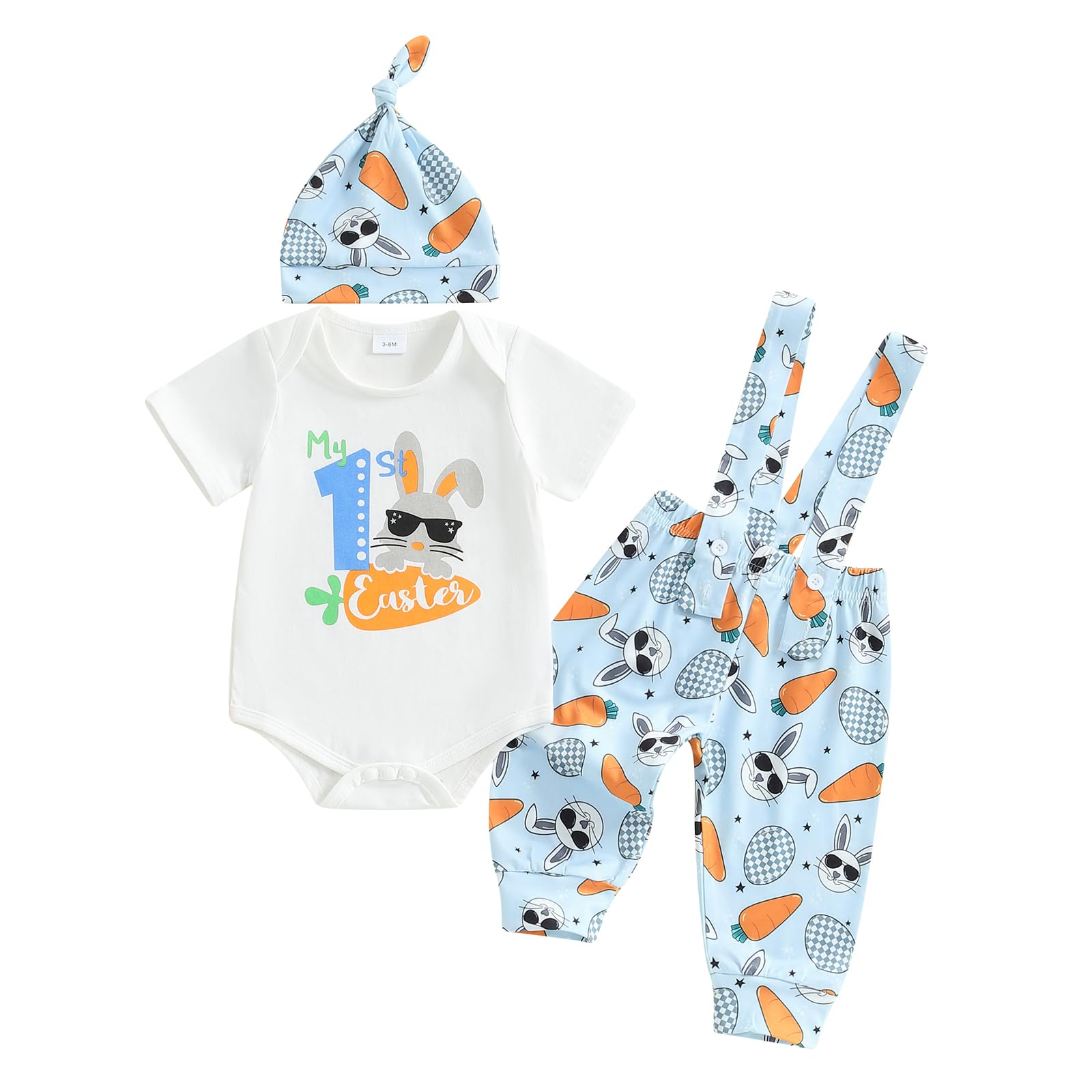 HYADRBLEBY My First Easter Baby Boy Outfit Newbon Infant Bunny Outfits Long Sleeve 1st Easter Romper+Egg Carrots Overall Pants+Hats 3Pcs Boy Baby Clothes(Egg Carrots, 9-12 Months)
