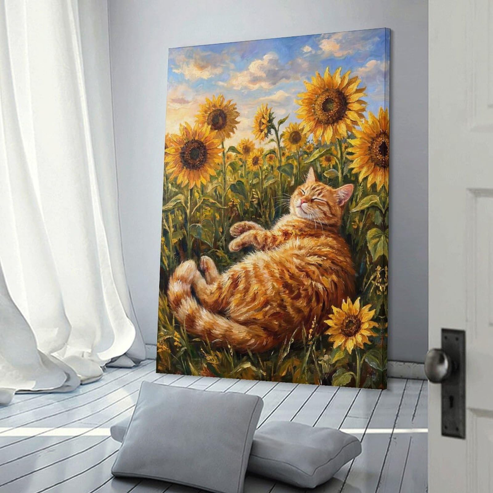Junmoney Ginger Cat Sleeping in Sunflower Field Canvas Art Print 12x18inch(30x45cm), for Calm Bedrooms, Home Corners Or Flats, An Easy Wall Refresh for Bedrooms