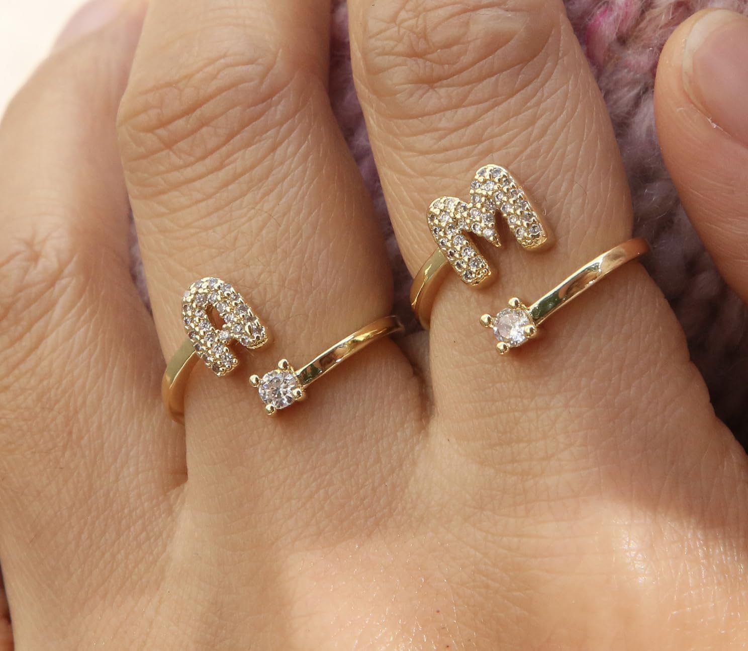 Initial Letter Ring for Women 18k Gold Plated Adjustable Alphabet Rings Stackable Copper Band Crystal Inlaid Initial Jewelry Gift - Image 2