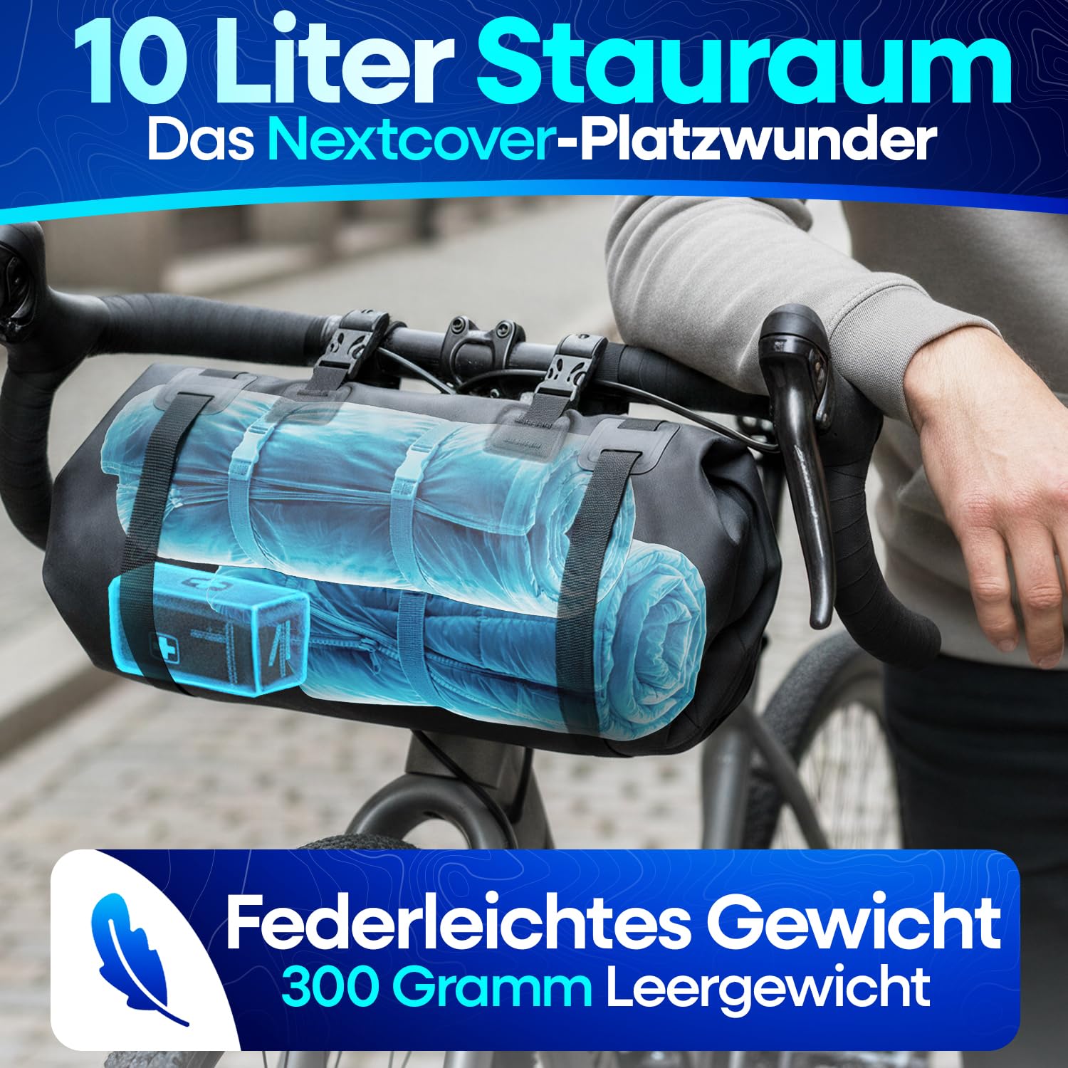 Nextcover® Bikepacking Lenkertasche Fahrrad [10 Liter] I Fahrradtasche Lenker - 100% Wasserdicht Dank AquaShield-TPU I Kompakte Lenkerrolle Fahrrad I Bikepacking Taschen für Gravelbike Rennrad, MTB