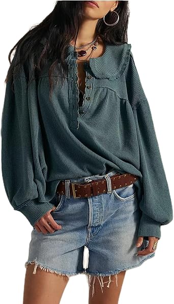 Womens Waffle Knit Babydoll Tops Oversized Sweater Long Sleeve V Neck Henley Shirts Pullover Blouses