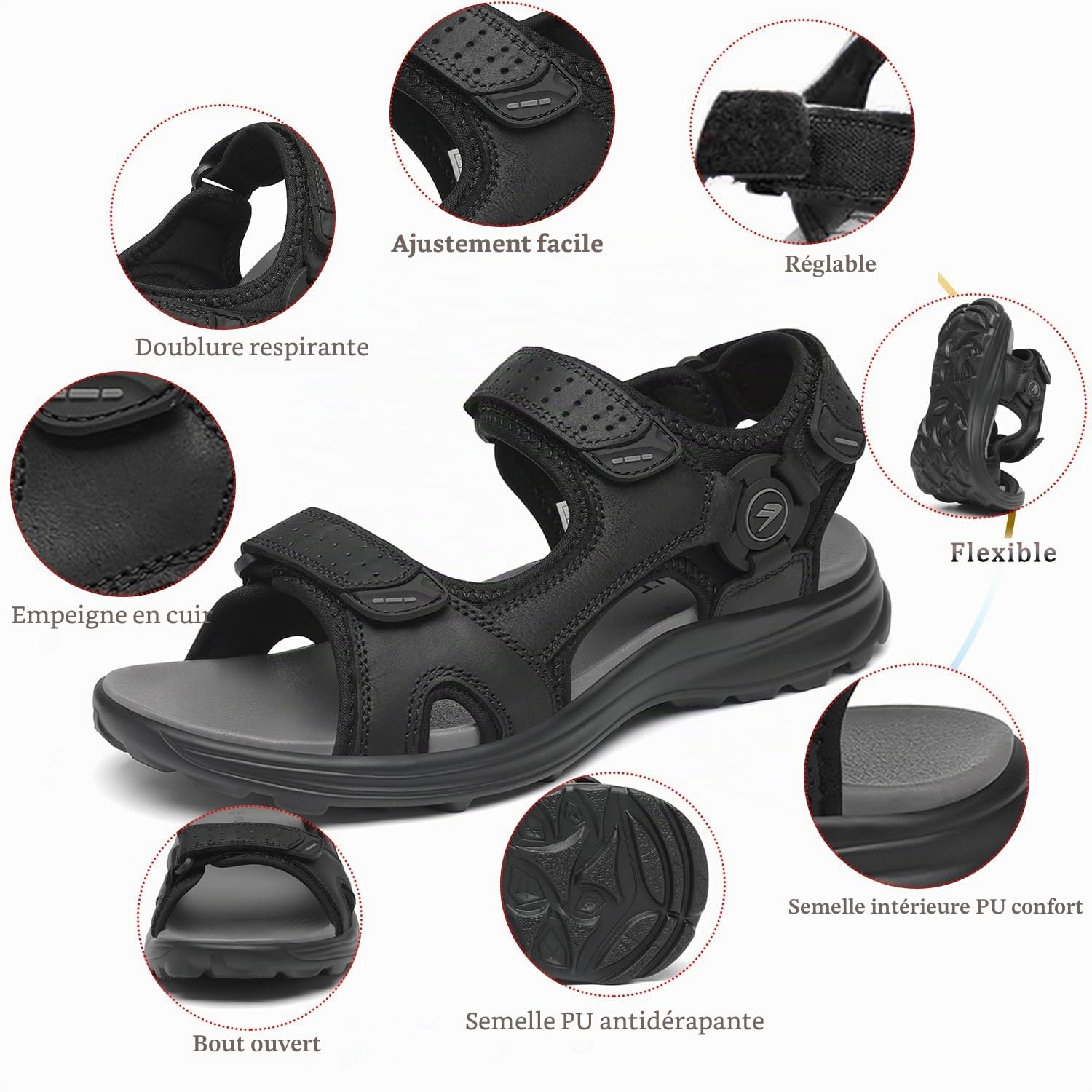 FLARUT Sandales Homme d'été pour Randonnée Chaussures de Marche(Noir,45) | Cuir Véritable,Pointe Ouverte,Semelle Caoutchouc Antidérapante,PU Léger et Amortissant,Fermeture Autocollante