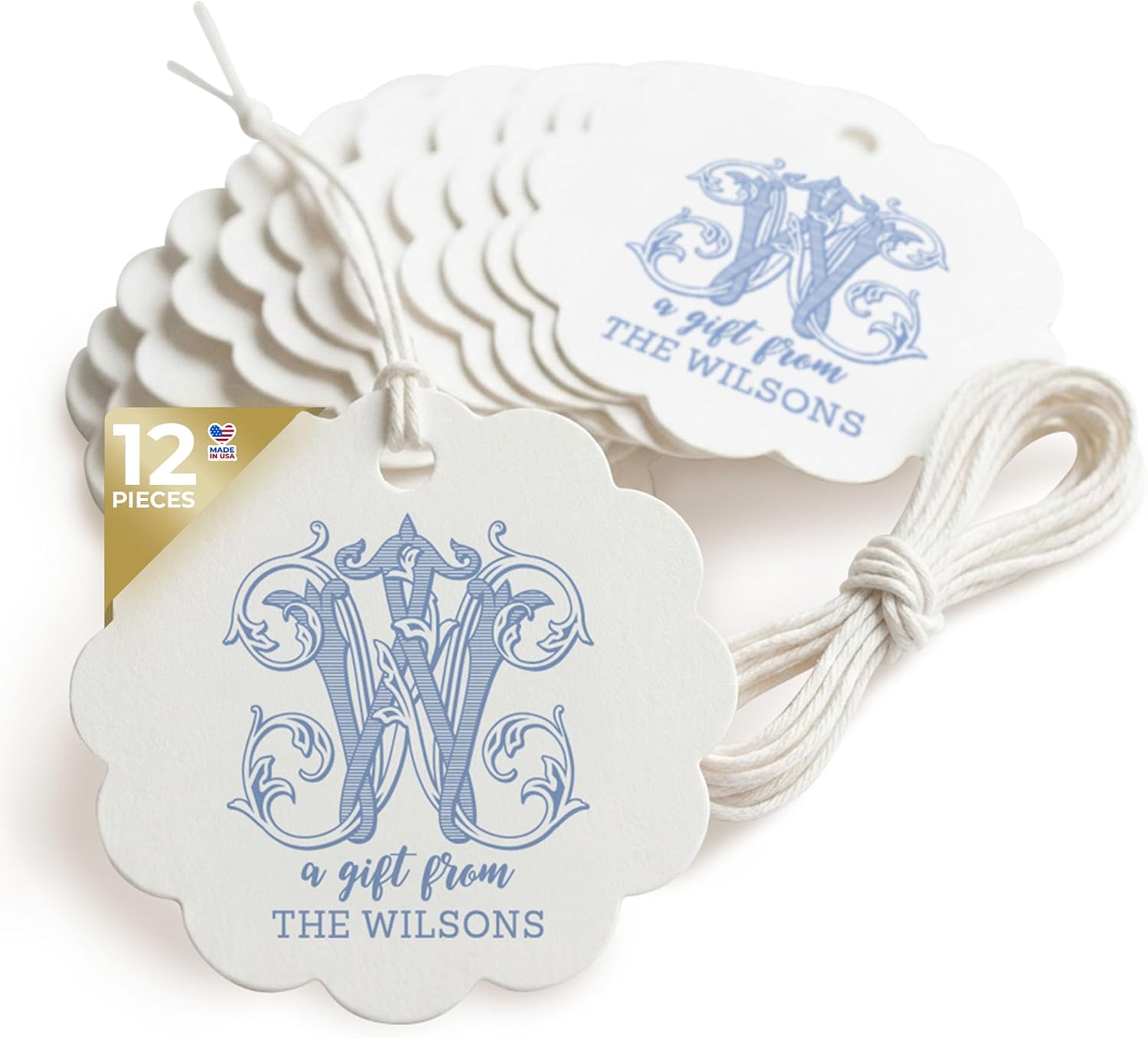 Personalized Monogram Scallop Gift Tags, Holiday Party Favors 2.5x2.5 inch