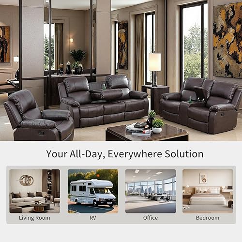 Miniatura 6 de Conjunto de sofá reclinable manual con mesa desplegable, 3 piezas de sofá reclinable de cuero marrón, juegos de muebles para sala de estar, sofá