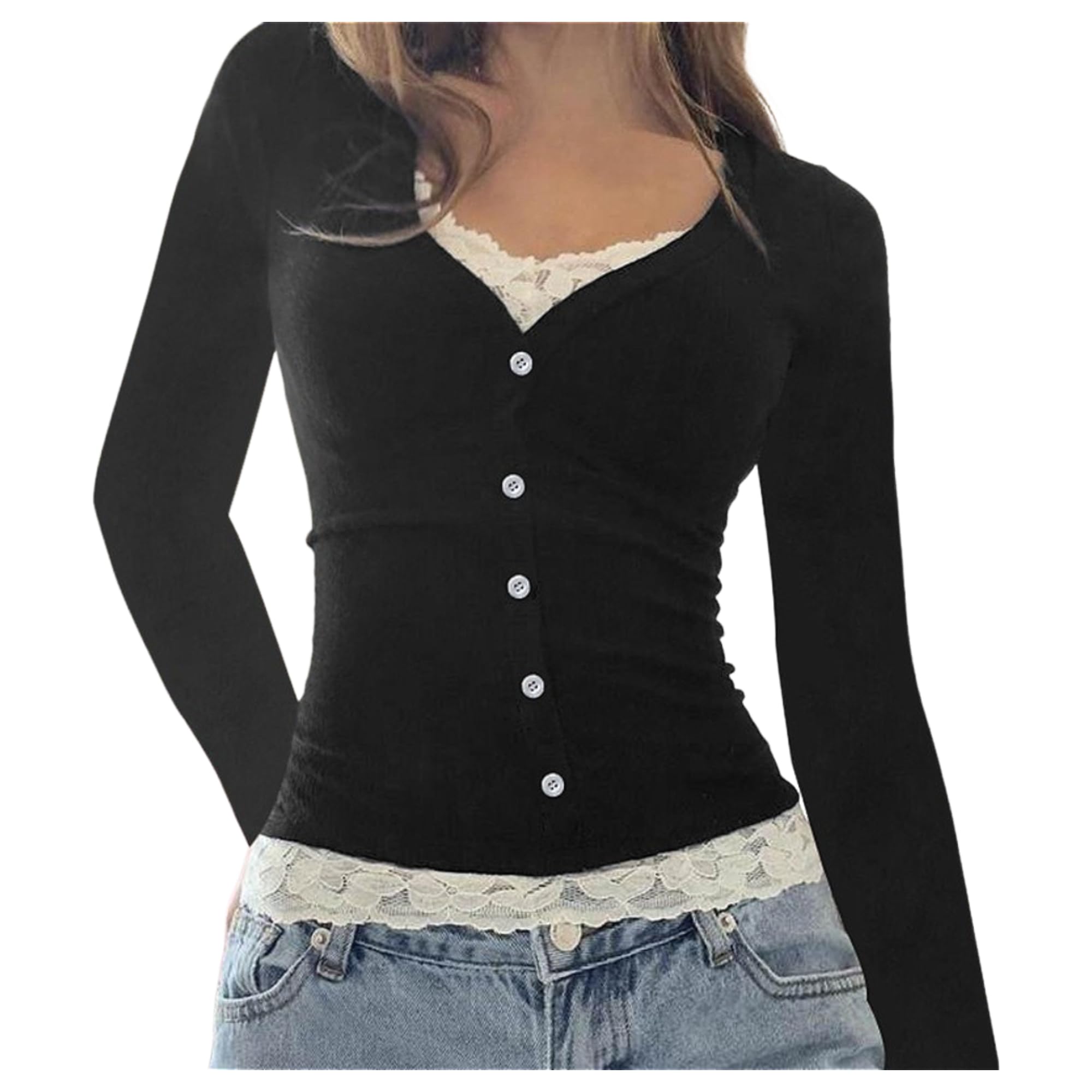 Lace V Neck Button Y2k Shirt Women Fairy Grunge Long Sleeve 2000s Knit Tops Vintage Emo Sweater