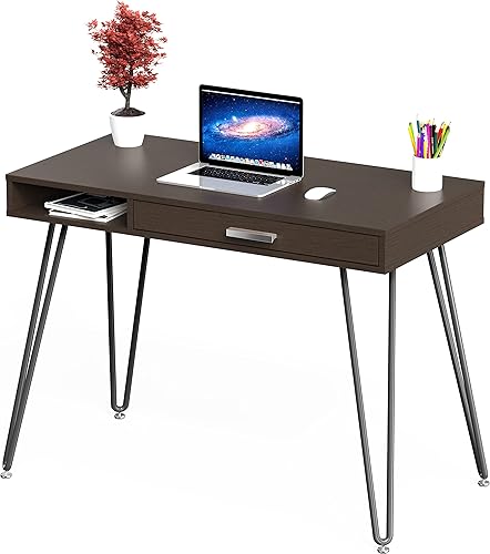 Miniatura 5 de SHW Escritorio de patas de horquilla para computadora de oficina en casa con cajón Negro, Espresso, Blanco