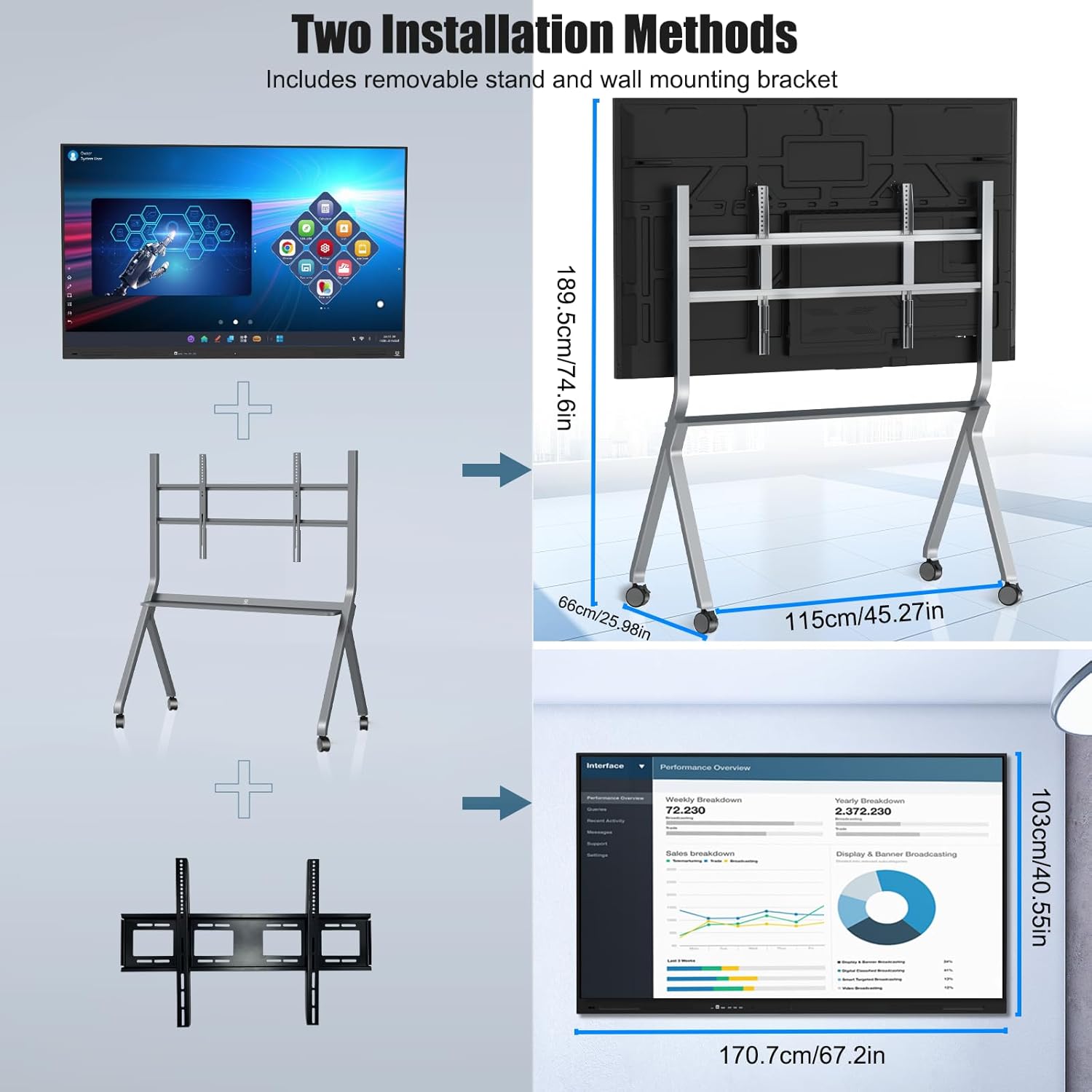 Diagram illustrating two installation methods: movable stand and wall mount, with dimensions provided.
