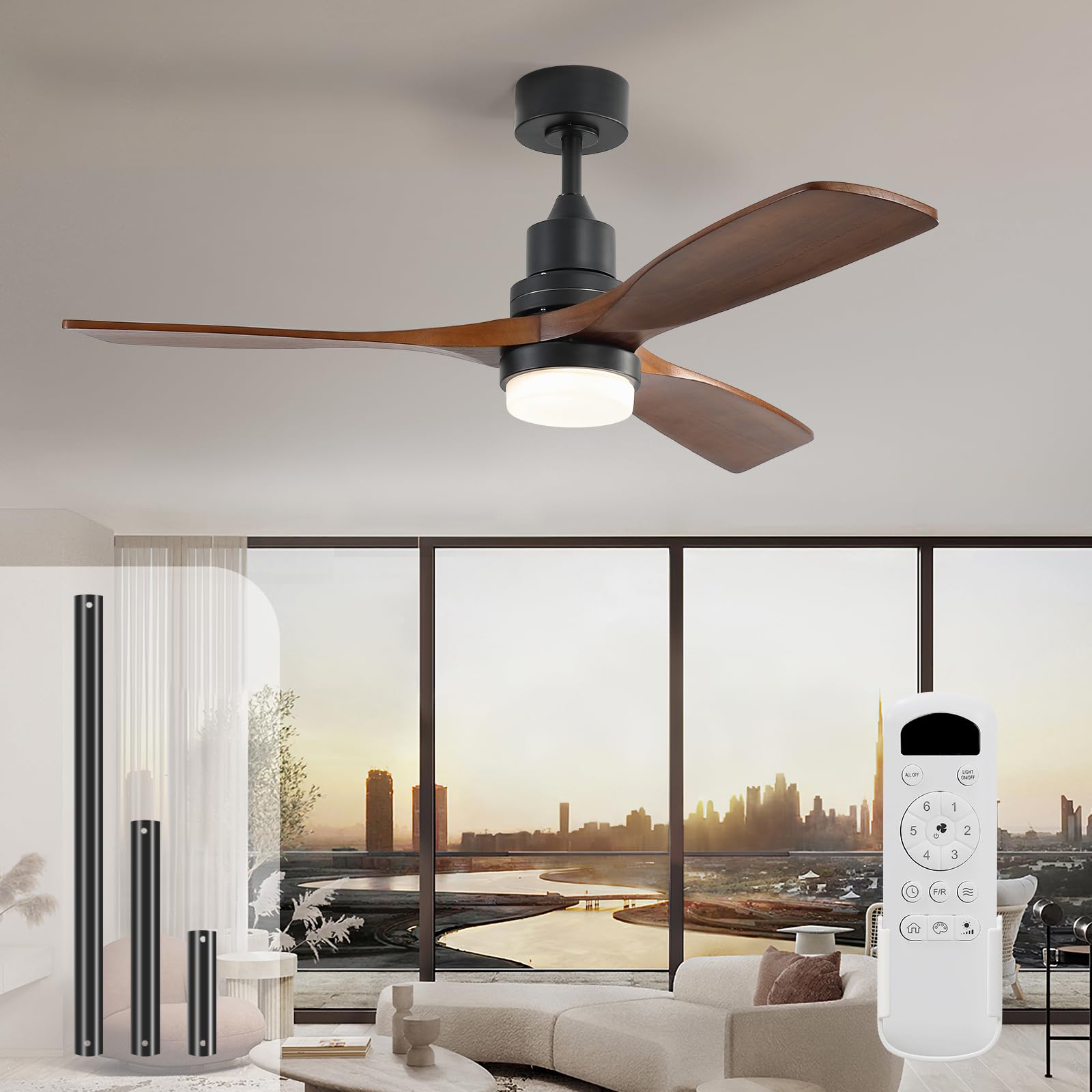 Sofucor 52 Inch Ceiling Fan with Light and Remote - 3 Solid Walnut Wood Blades, Quiet DC Motor, 6 Speeds 5000CFM, Dimmable Tri-Color LED with Memory, Timer & Reversible for Living Room Bedroom, ETL