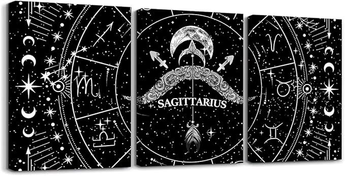 Feelyou Zodiac 3 Piece Canvas Wall Art for Living Room Bedroom SAGITTARIUS Wall Art for Home Decor Moon Star Pattern Office Wall Decor Universe Cloud Galaxy Wall Painting