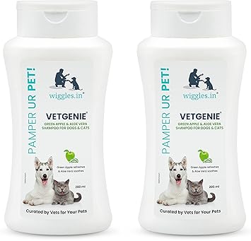 VetGenie Dog Cat Bath Shampoo Puppy, 400ml - Odor Eliminating, Itching Skin Relief, Improves Skin Coat Health - Green Apple & Aloe Vera Extract (Pack of 2)