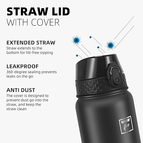 Miniatura 4 de Fanhaw Botella de agua aislada de acero inoxidable de 40 onzas con tapa con popote, a prueba de fugas y sudor, con tapa antipolvo (negro)