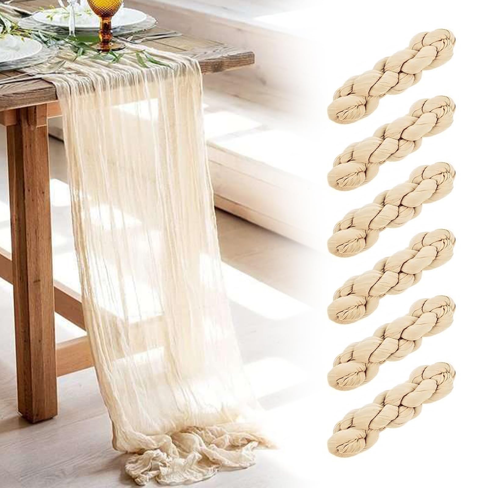 Käsetuch Tischläufer Boho Musselin Seihtuch 90 x 300 cm für Hochzeit Party Wiederverwendbar Lange Tischabdeckung für Baby Brautdusche Deko Transluzentes Gaze Mittelstück (Beige, 6pcs)