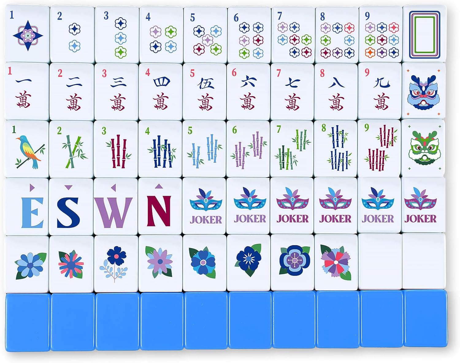 160 Pcs American Mah Jong Set 1.2 x 0.87 Inches Blue Back Melamine Mini Mahjong Tiles, Carved Pattern for Adult Social Games, Mahjong Lovers, Beginners