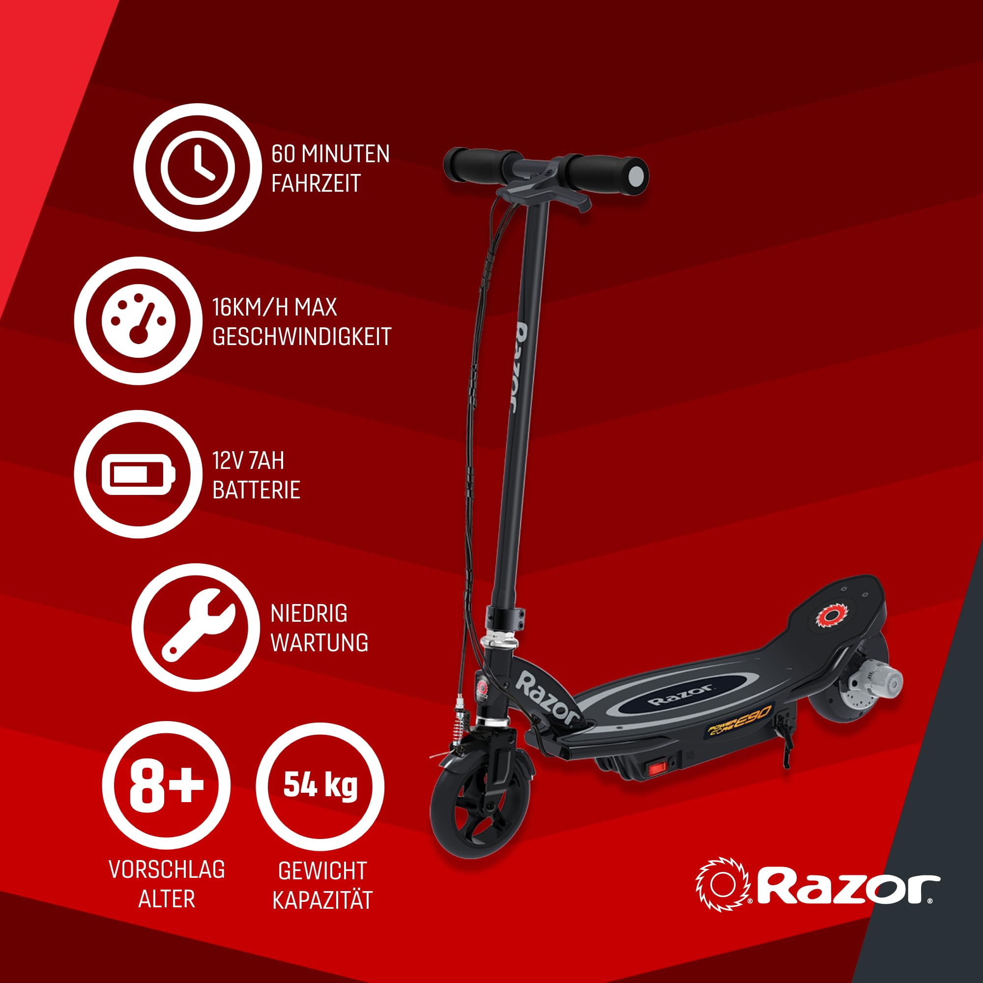 Razor PowerCore E90 Electric Scooter for Kids 8+ with 10 mph Max Speed & 60 Minute Ride Time, Up to 10 Mile Range,12V Battery