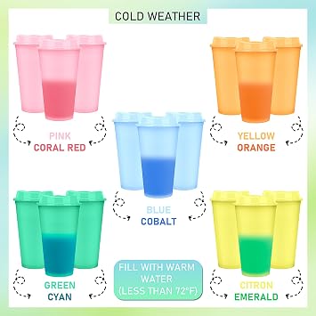 MSYU 30 Pack Colour Changing Cups with Lids, 470ml Reusable Plastic Tumblers, Cold Drink Sippy Cups for Birthday Party Favours, Picnics & Summer Events, BPA Free, Multi-Coloured