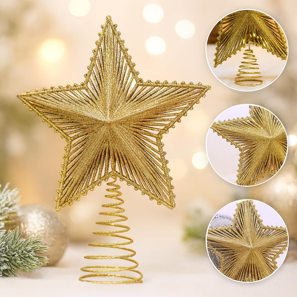 Ponteira Estrela Brilhante Glitter Dourada Prata Vermelha Ponteira Grande 20cm Para Árvore de Natal Decoração Natalina (DOURADA)