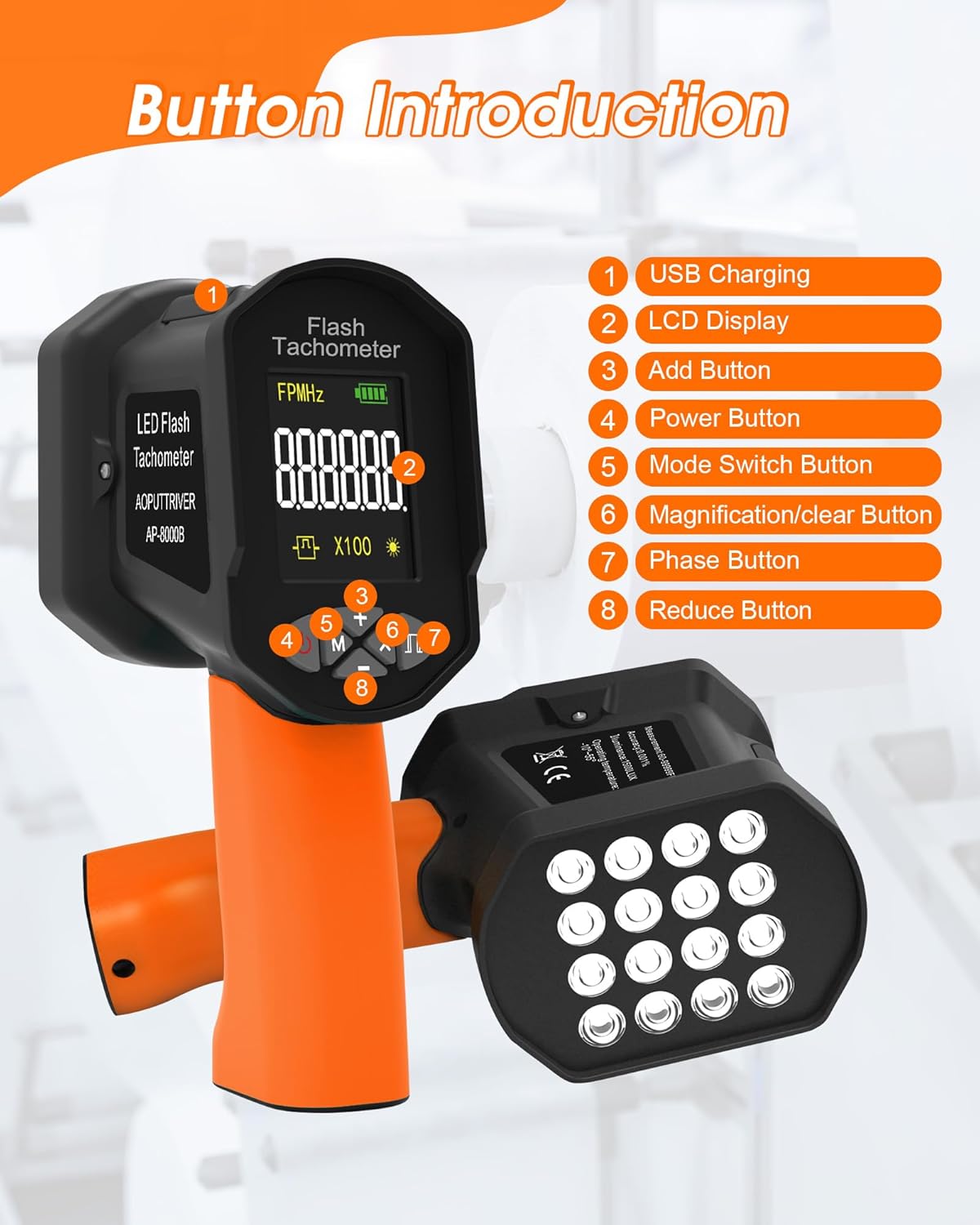 LED Stroboscope 60–100000 RPM, WapoRich Non-Contact Digital Tachometer with 16 LEDs, USB Rechargeable, LCD Display for Motor & Fan(RQ-8000B)