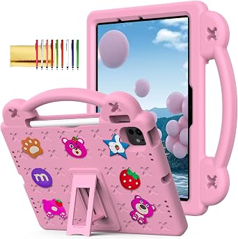 Dteck iPad Air 13"/Pro 13" 2024 M4/Pro 12.9 6th/5th/4th/3rd Gen Case - Strawberry Panda Shockproof Rugged Lightweight Convertible Stand With Handles, Kids Friendly, Pink