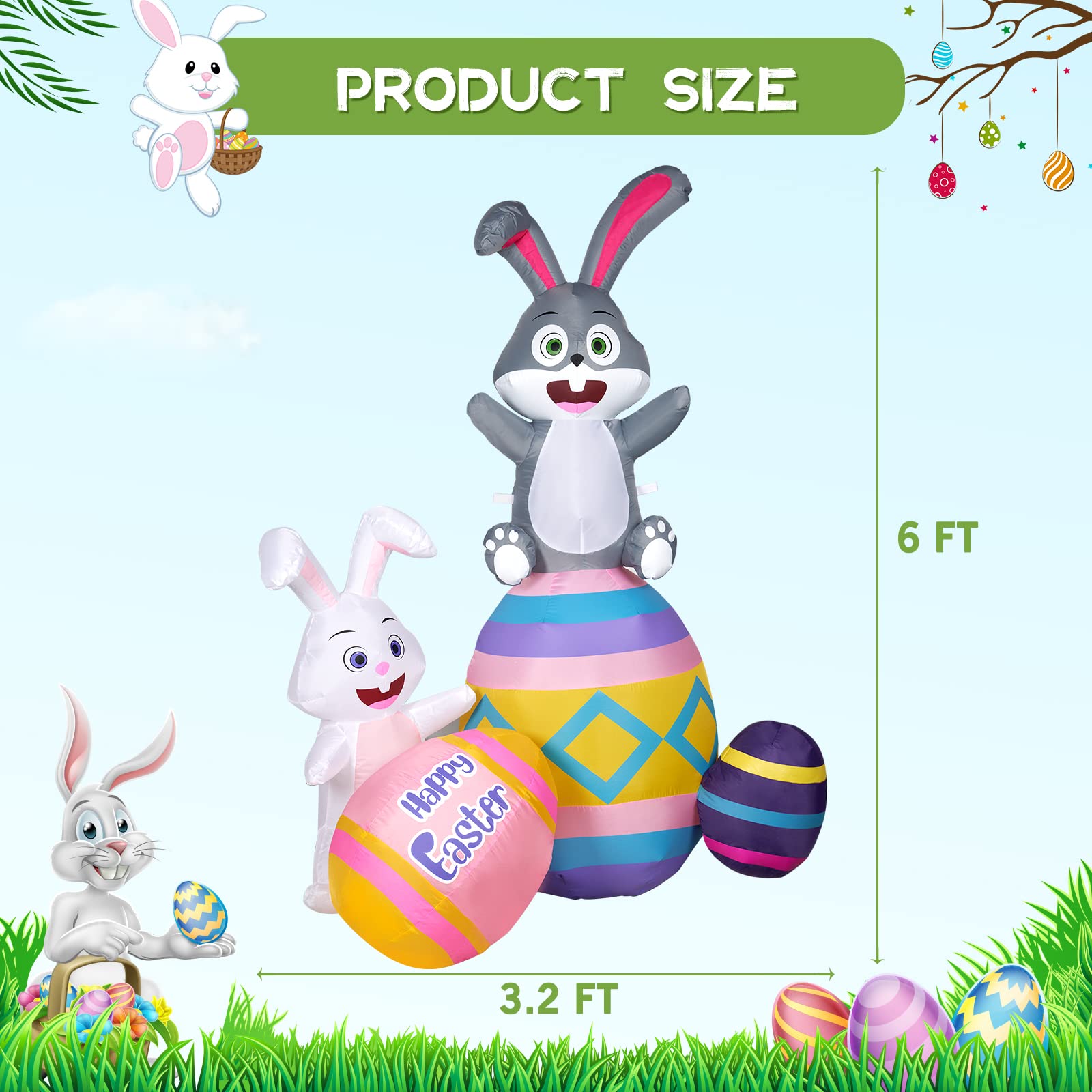 Decorlife 6FT Inflatable Easter Bunny and Colorful Eggs, Blow Up Easter Bunny with Build-in LED, for Spring Holiday, Outdoor Lawn, Yard, Garden, Egg Hunt, Party Décorations
