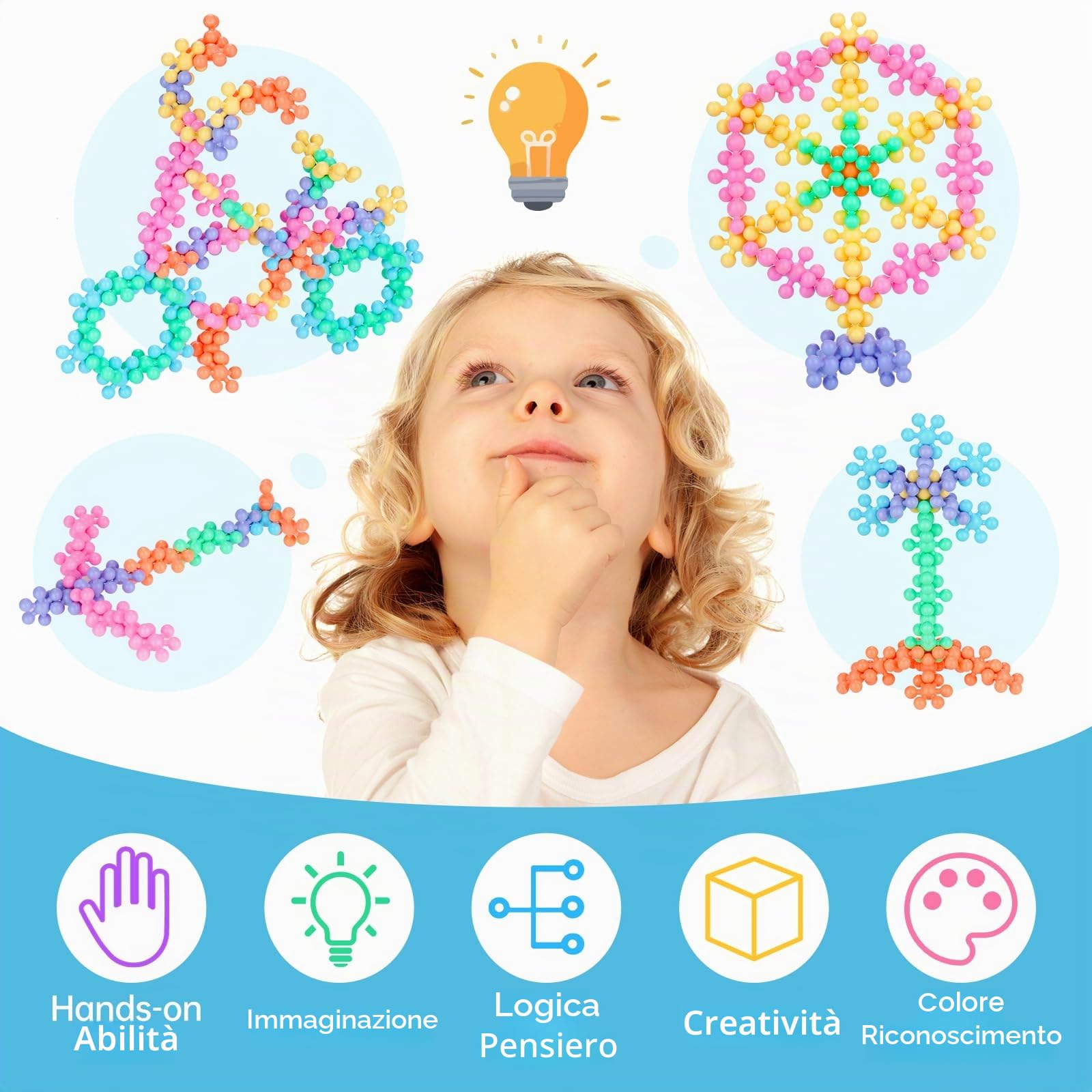 Blocchi di Costruzione a Fiocco di Neve | 300 Pezzi | Per Bambini dai 3 Anni in Su | Blocchi di Plastica Multicolori per l'Apprendimento Precoce e la Creatività | Giocattolo STEM con Borsa