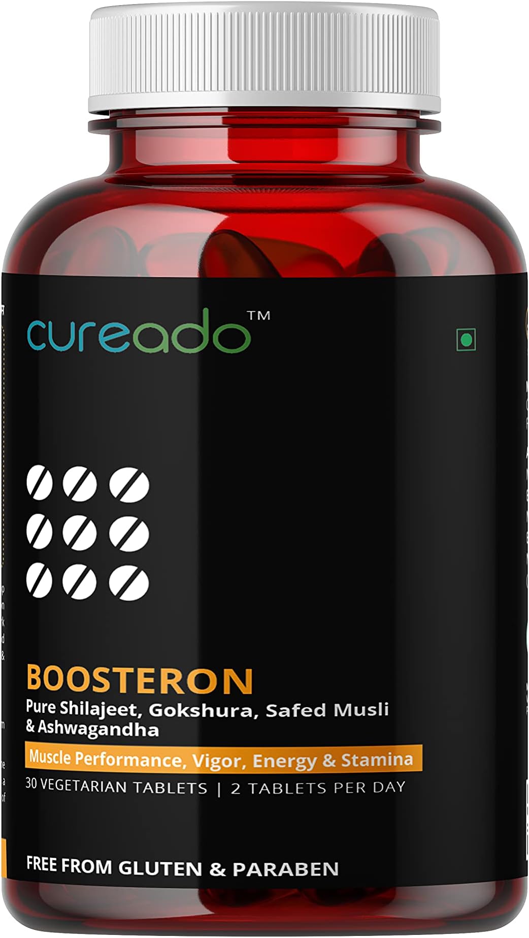 Cureado Boosteron with Safed Musli, Himalayan Shilajeet, Gokuruksha, Ashwagandha | Natural Testo Power Tablets to Improve Muscle Strength & Performance | Testo Tablets Supplement to Boost Energy | 30 Tablets x 1