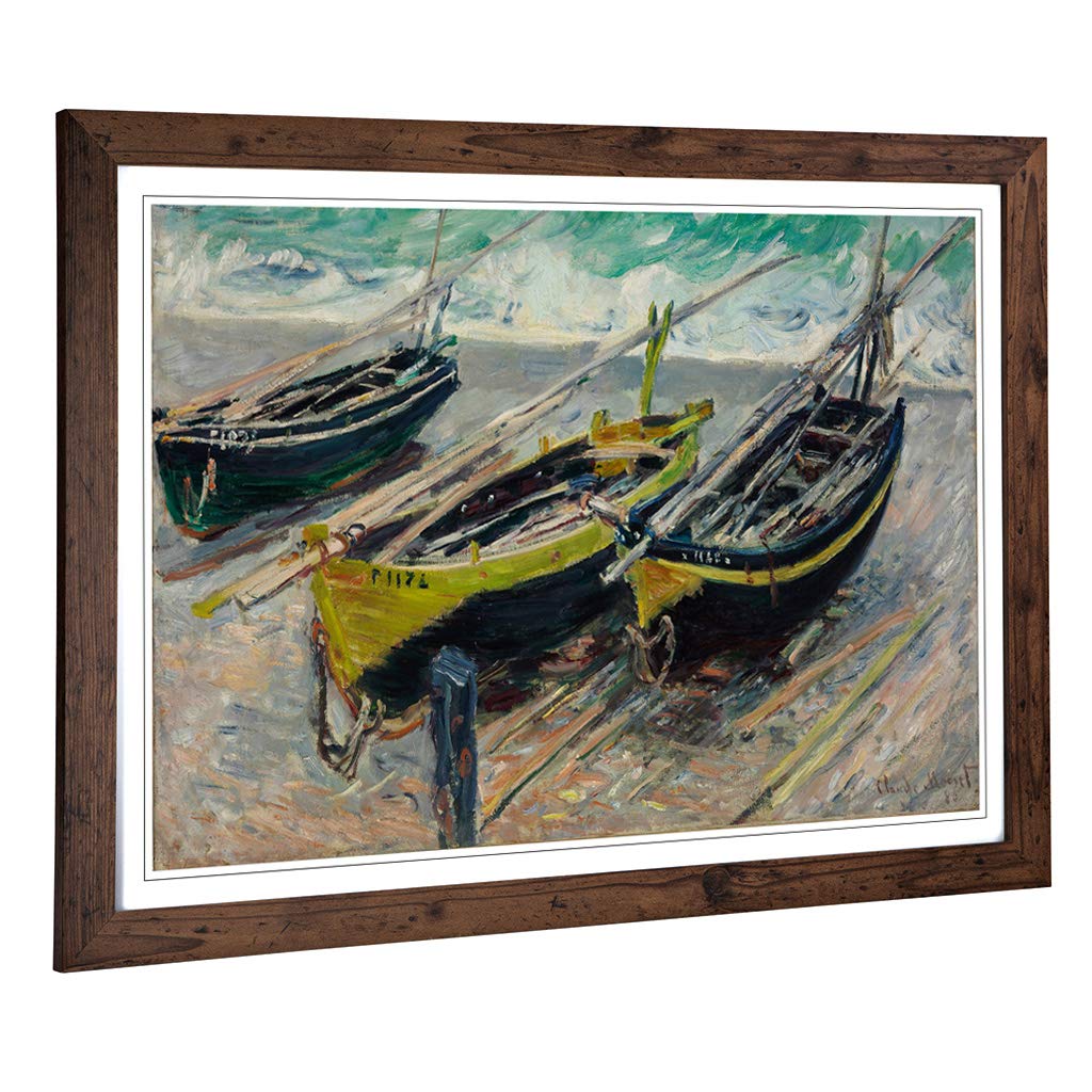 Big Box Art Framed Print of Claude Monet Three Fishing Boats Design | Wall Art Picture | Home Decor for Kitchen, Living Room, Bedroom, Hallway, Walnut, A2 / 24.5x18 Inch / 62x45cm