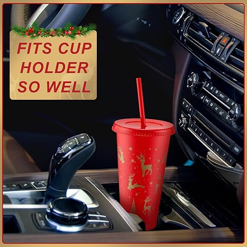 Miniatura 6 de Paquete de 10 vasos de Navidad con tapa y popote de 24 onzas, reutilizables, de plástico, árbol de Navidad y reno, vasos de plástico para café, té,