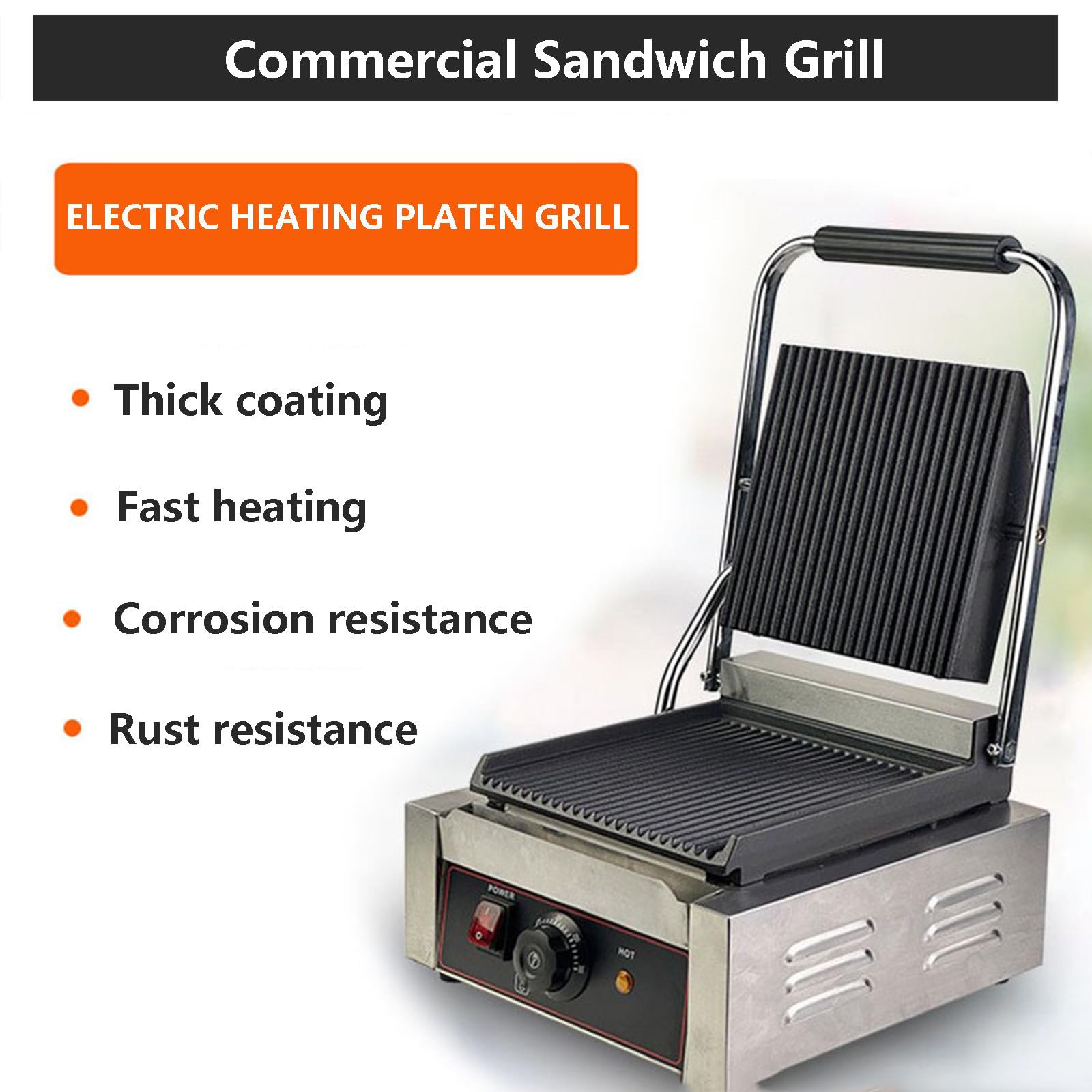 ERoomQ Electric Commercial Sandwich Makers and Bread Presses Grill with Non-Stick Plates On Both Sides 50-300°C/Nonstick Sandwich Toasters for Cooking Options, Outdoor Camping, Grooved (Grooved)