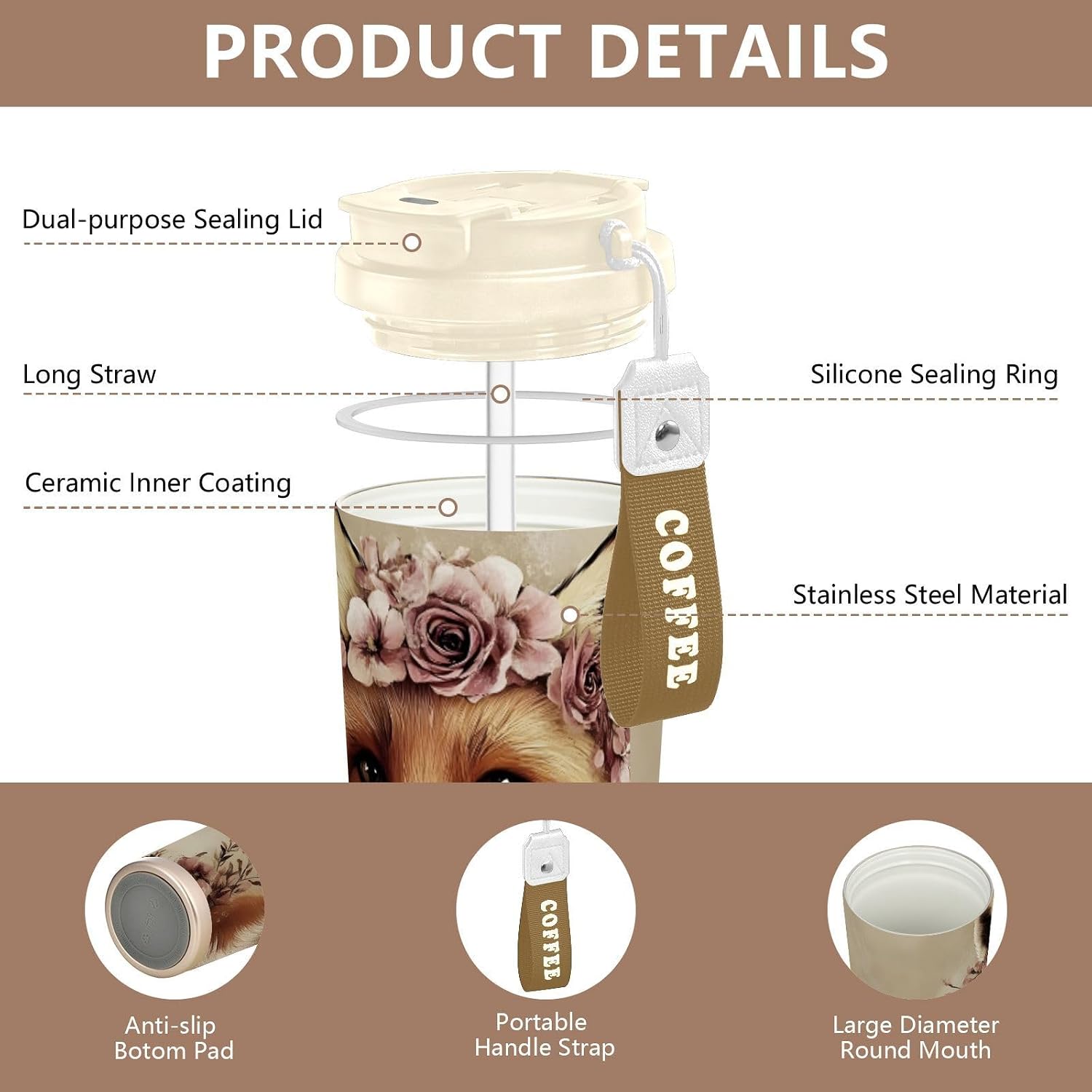 Insulated Coffee Mug Fox Garland Art with Straw & Flip Lid, 16.9oz Iced Tumbler Cup, Double Wall Vacuum Mug for Travel Office Camping