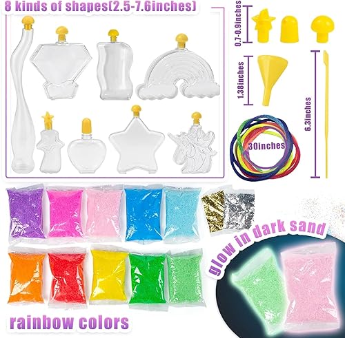 Miniatura 2 de Shindel Kits de arte de arena para niños, 36 piezas de pintura de arena para manualidades, 8 formas de botellas, 10 colores surtidos y 2 bolsas de