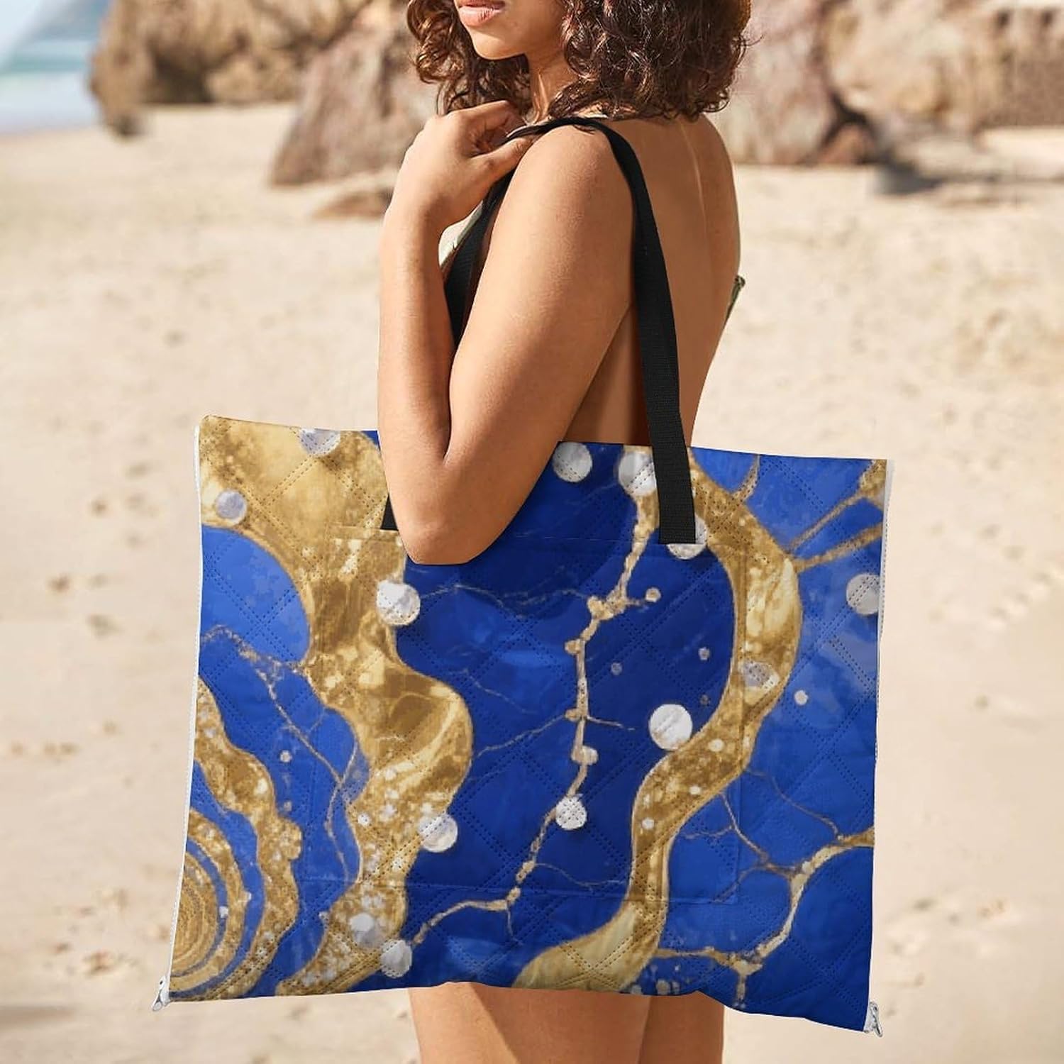 Golden Blue Marble Picnic Blanket 150x100cm, Foldable 2-in-1 Picnic Mat and Tote Bag Portable Waterproof Beach Mat Sandproof Outdoor Blanket for Park, Hiking, Beach, Camping, Travel